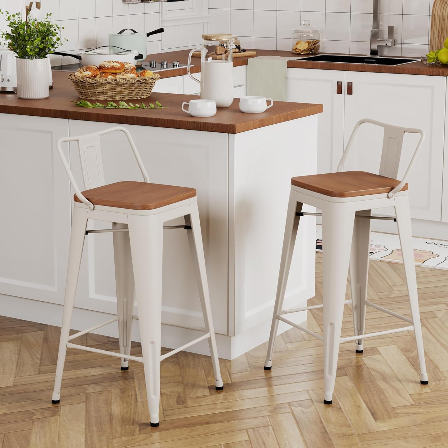 Yongchuang 30 inch Bar Stools Set of 4 Bar Height Metal Barstools with Wood Seat Low Back Kitchen Bar Chairs Matte Black