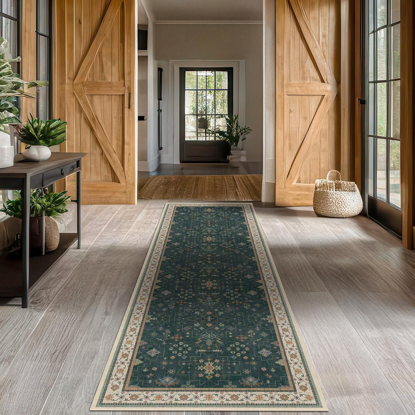 Green Area Rugs 9x12 Living Room - Washable Oriental Geometric, Extra Large for Bedroom Non Slip Soft Faux Wool Carpet for Dining Room Playroom, Lounge - Blue and Green Floral Rug