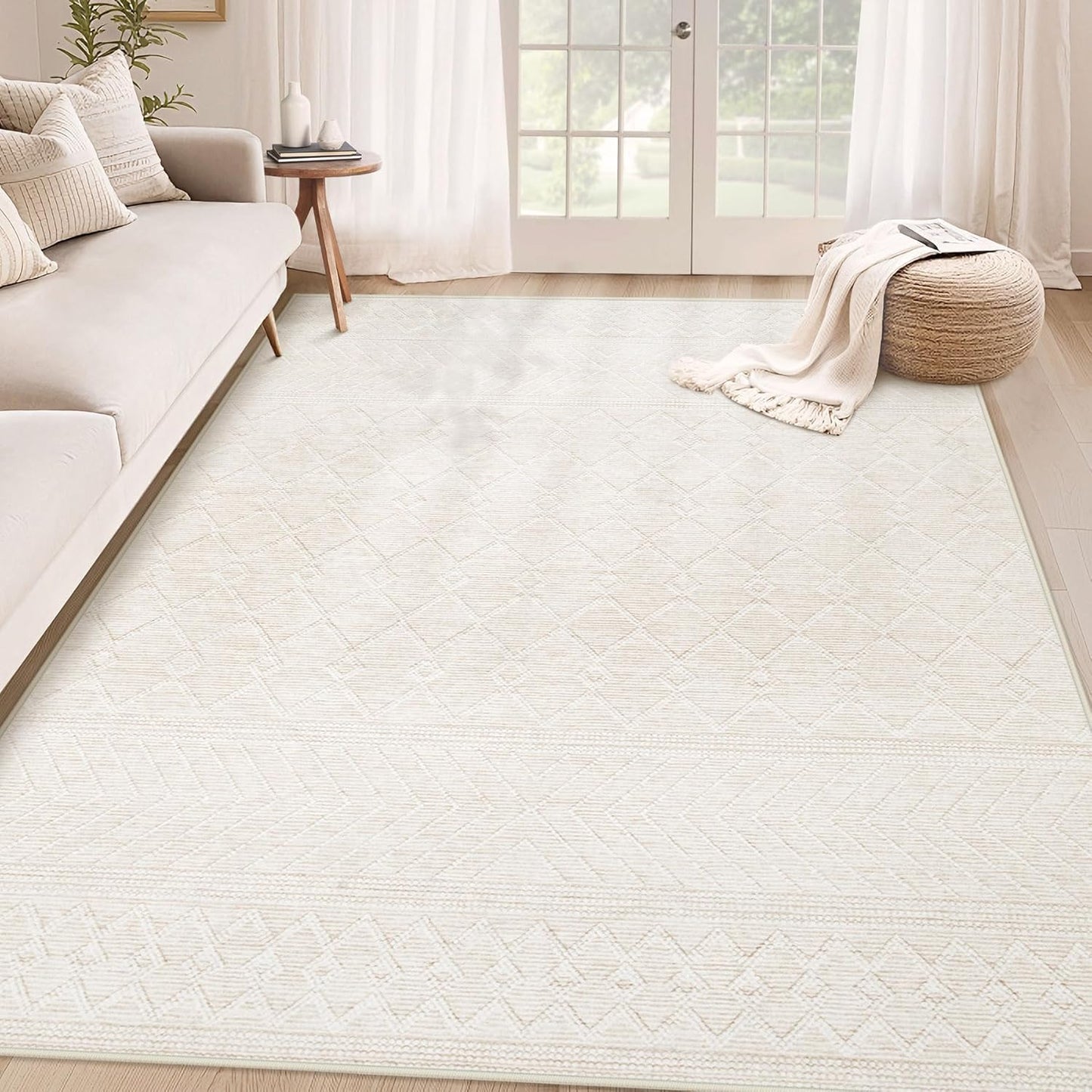 8x10 Area Rug Living Room: Washable Boho Geometric Moroccan Rug Neutral Modern Farmhouse Indoor Soft Non Slip Ultra Thin Large Printed Pattern Carpet for Bedroom Home Office (Beige, 8'x10')