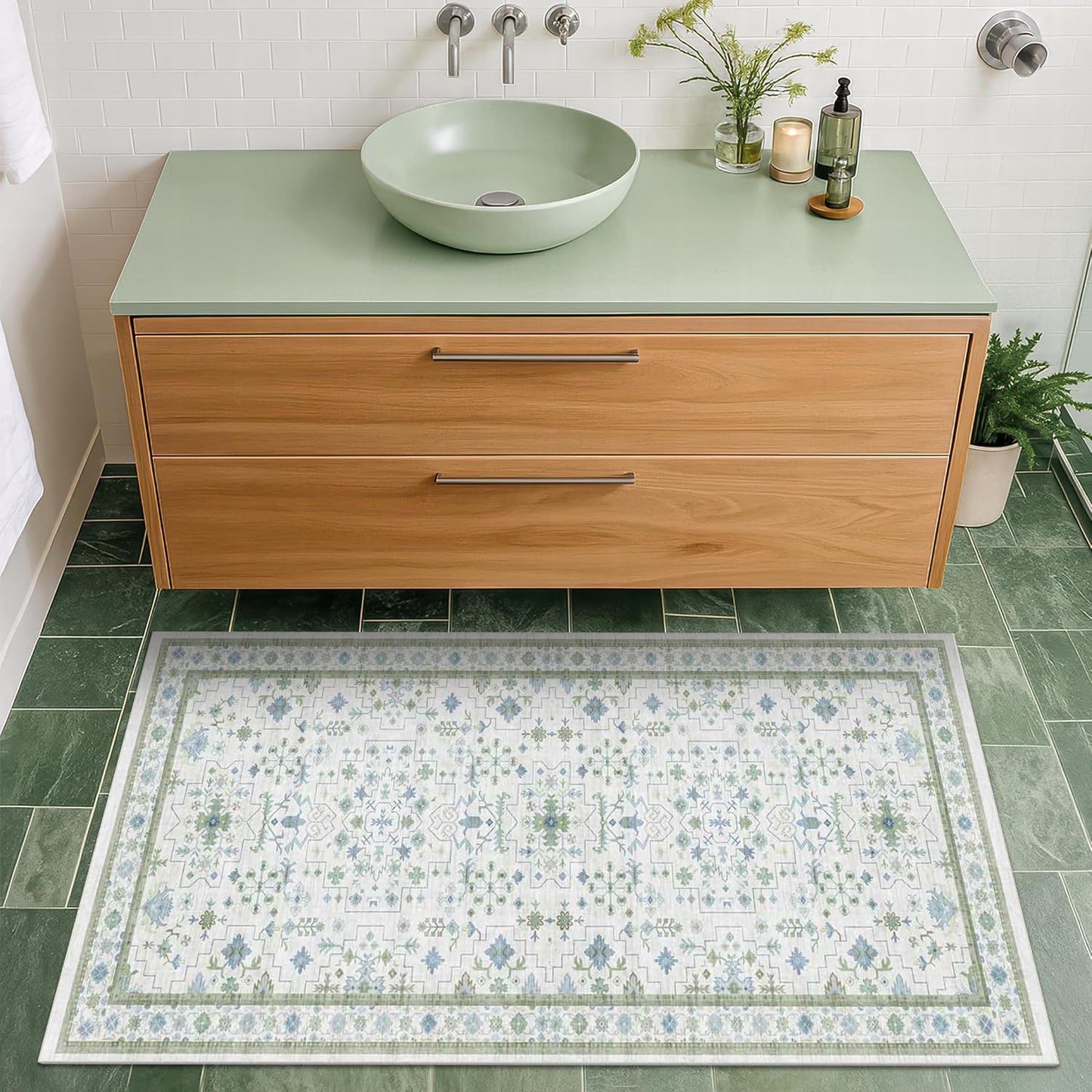 Green Area Rugs 9x12 Living Room - Washable Oriental Geometric, Extra Large for Bedroom Non Slip Soft Faux Wool Carpet for Dining Room Playroom, Lounge - Blue and Green Floral Rug