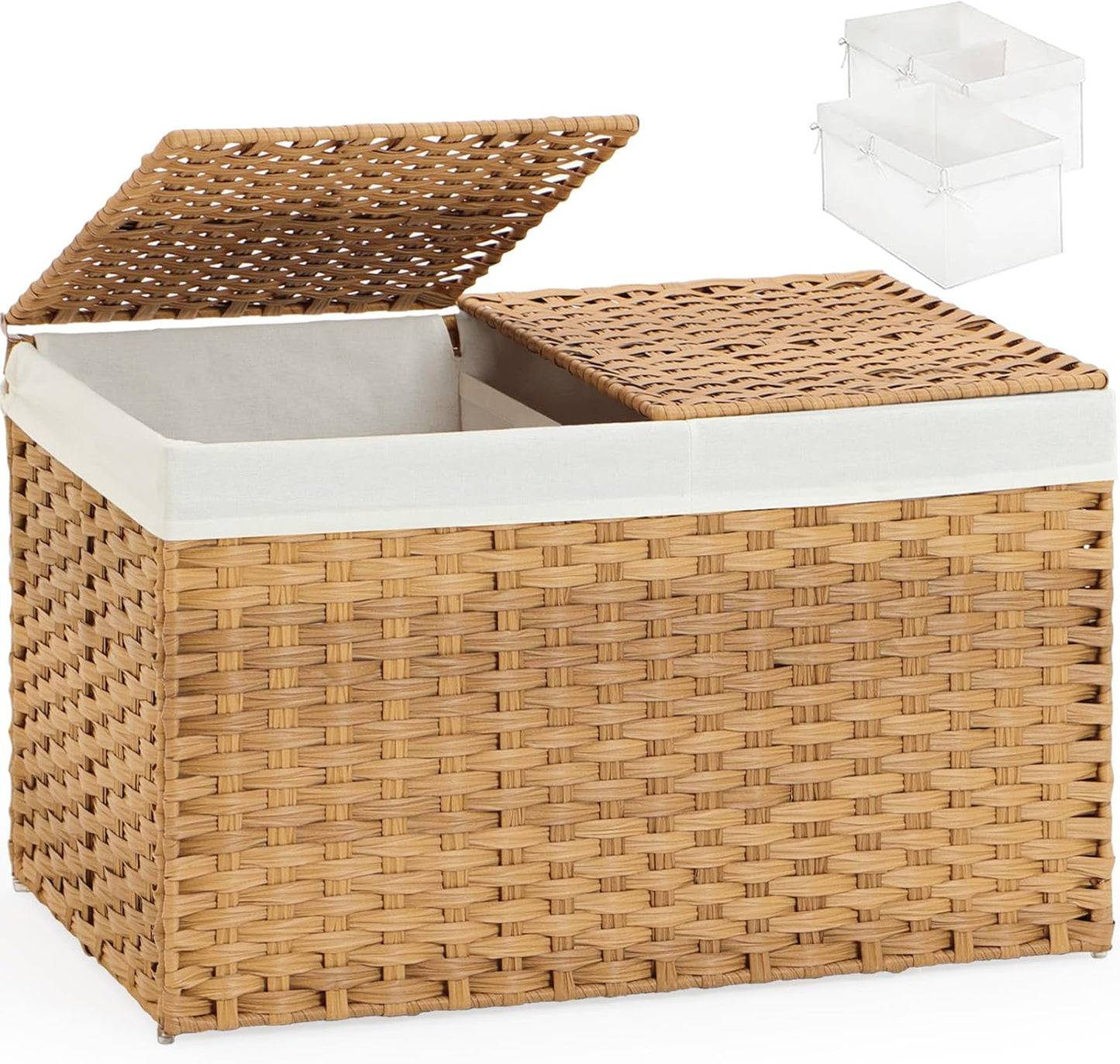 Storage Basket with Lid Rattan Storage Basket with 2 Separate Lid, 27.8 Gallon (105 L) 25.2 * 15.4 * 16.1 Inches Woven Wicker Baskets with 2 Liners and Handles for Bedroom Laundry-Natural