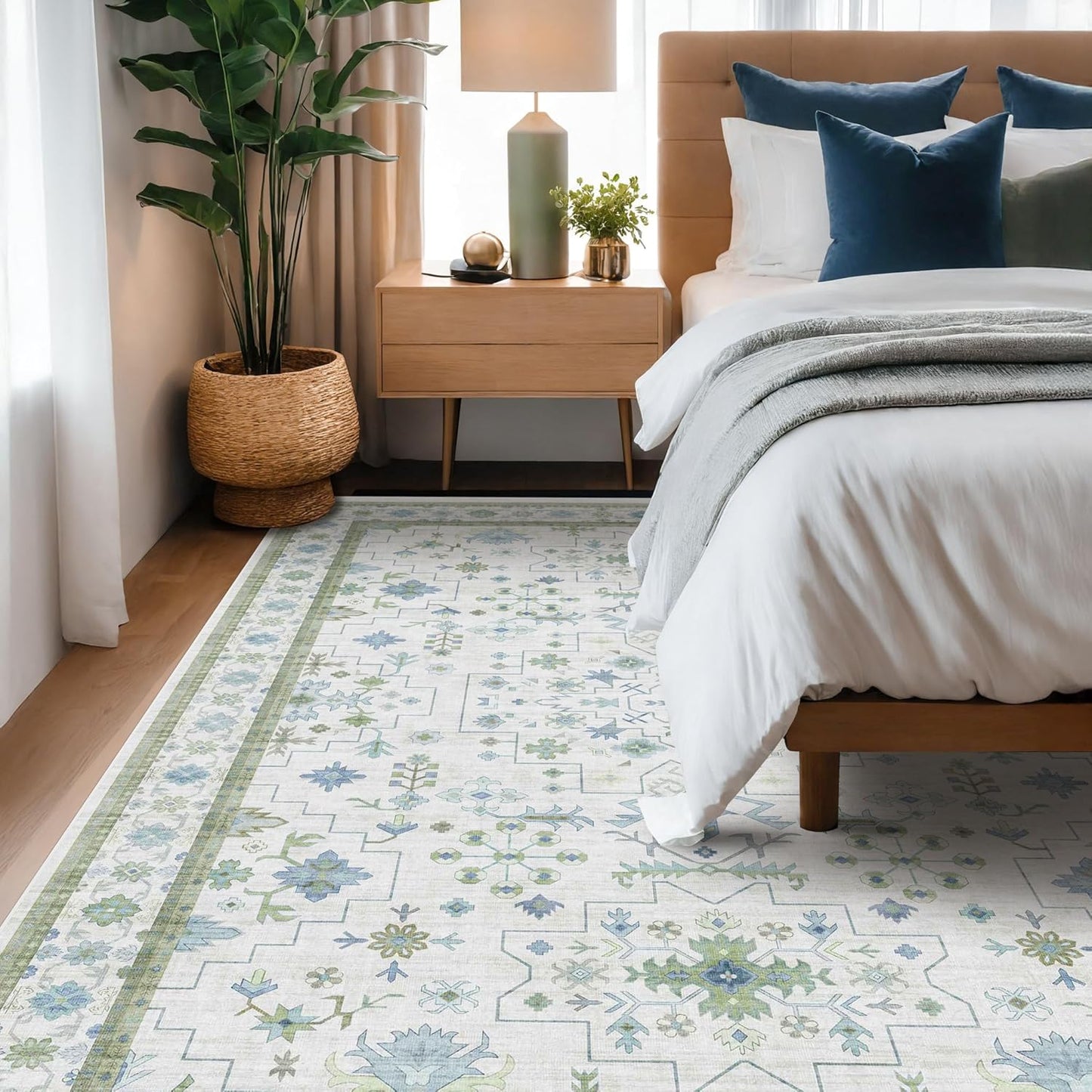 Green Area Rugs 9x12 Living Room - Washable Oriental Geometric, Extra Large for Bedroom Non Slip Soft Faux Wool Carpet for Dining Room Playroom, Lounge - Blue and Green Floral Rug