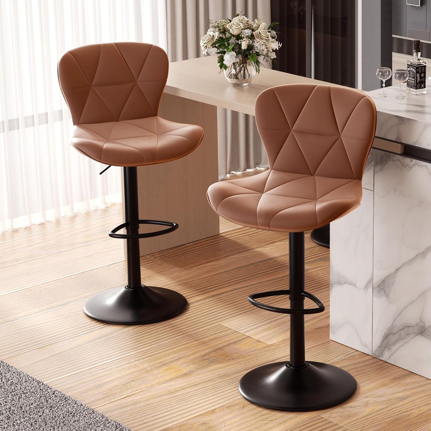 Modern Bar Stools Set of 2, Adjustable Faux Leather Upholstered Swivel Bar Stools, Counter Height Bar Chairs with Back for Kitchen Island, Black