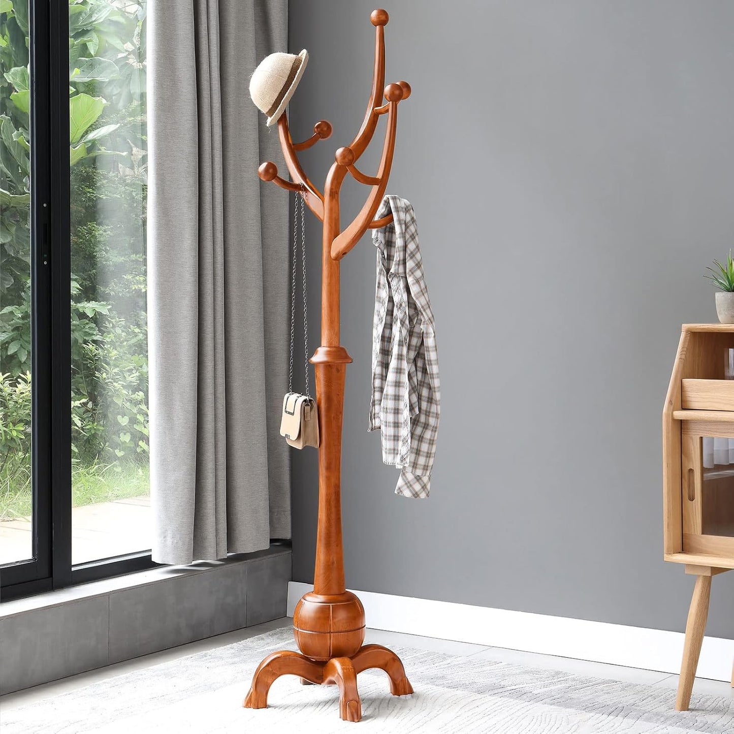 Coat Rack Freestanding Wood Coat Tree Rack with 8 Hooks, Creative Design Tree Branch-look, Standing Coat Rack Clothes Hanger Stand with Stury Base for Entryway, Hallway, Bedroom - Load 160lb (Walnut)