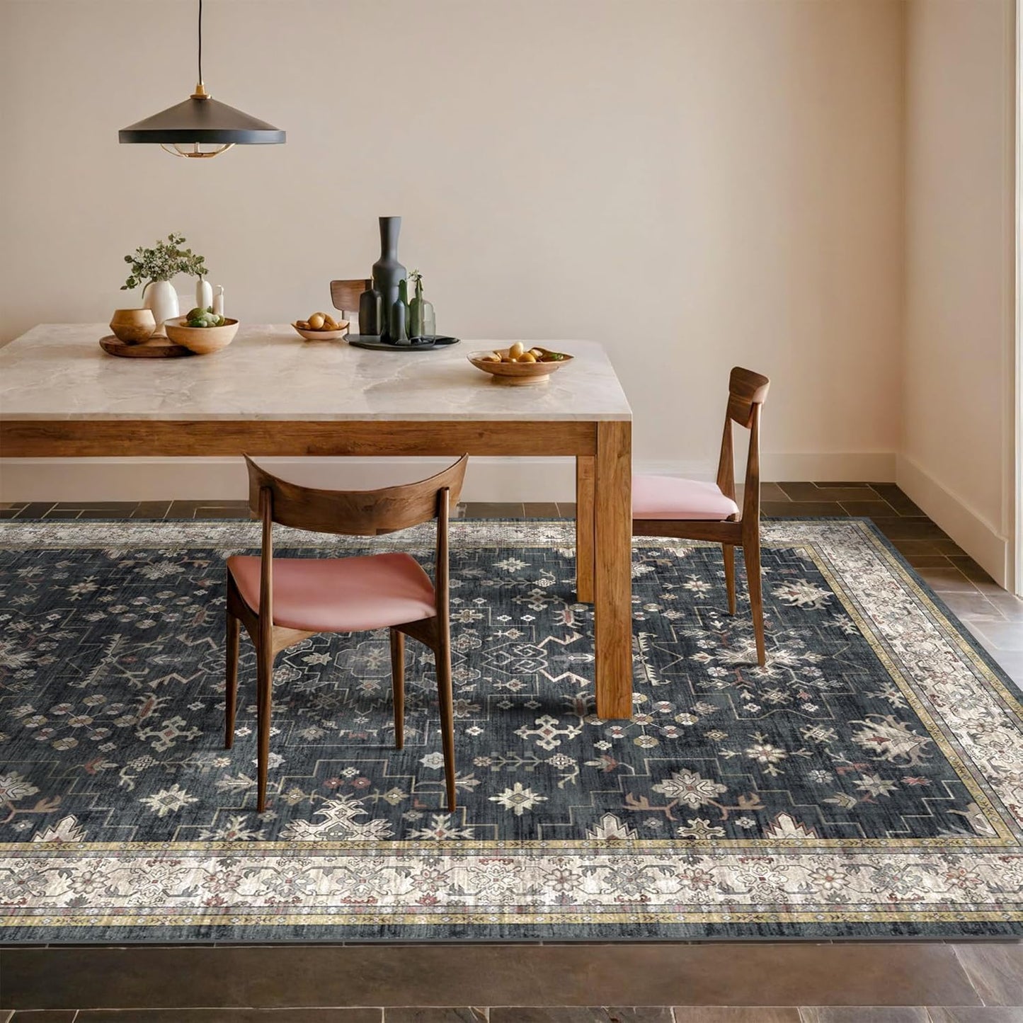 Green Area Rugs 9x12 Living Room - Washable Oriental Geometric, Extra Large for Bedroom Non Slip Soft Faux Wool Carpet for Dining Room Playroom, Lounge - Blue and Green Floral Rug