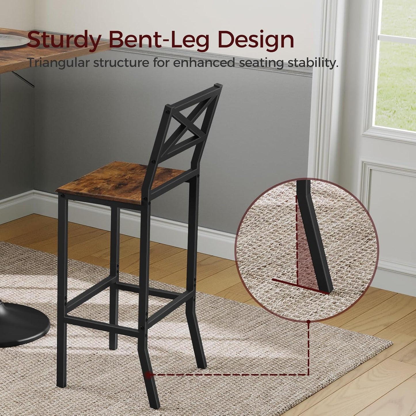 Bar Stools, Set of 2 Bar Chairs with Backrest and Footrest, 26" Tall Counter Bar Stools, Kitchen Breakfast Bar Chairs, Easy Assembly, for Dining Room, Rustic Brown BAHR0901N1