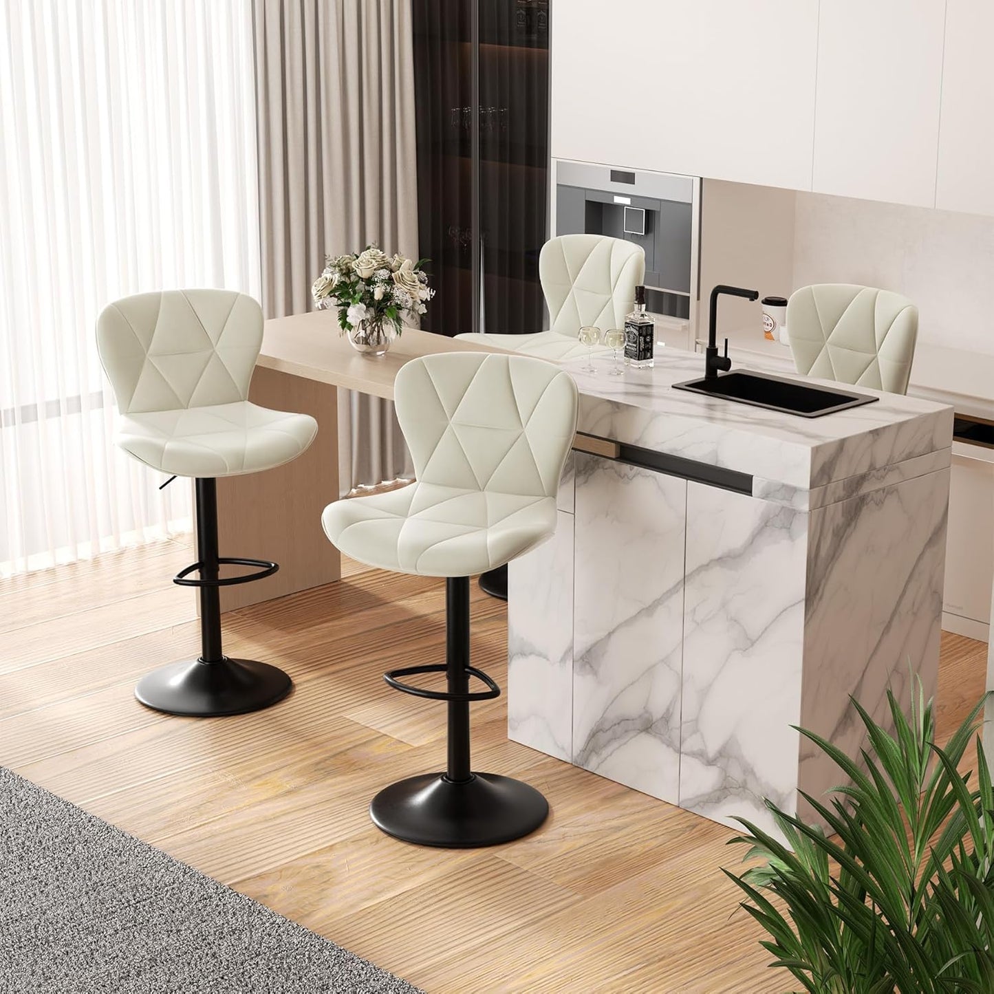 Modern Bar Stools Set of 2, Adjustable Faux Leather Upholstered Swivel Bar Stools, Counter Height Bar Chairs with Back for Kitchen Island, Black