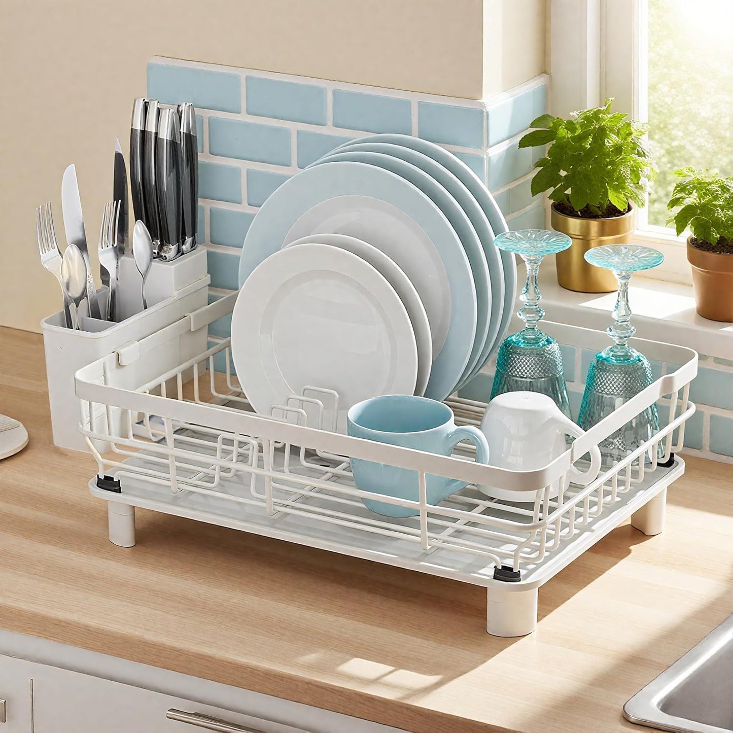 MOUKABAL Dish Drying Rack, Dish Rack, Stainless Steel Dish Racks for Kitchen Counter, Dish Drainer with Removable Utensil Holder, Drainboard (Black)