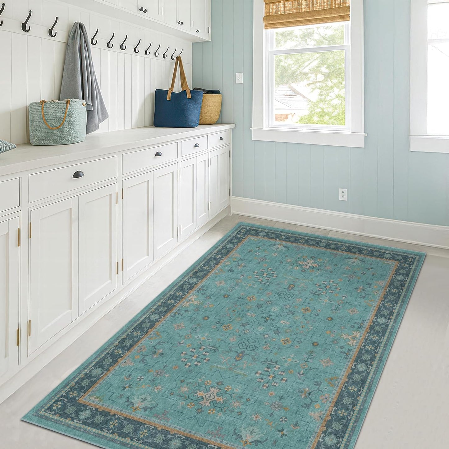 Green Area Rugs 9x12 Living Room - Washable Oriental Geometric, Extra Large for Bedroom Non Slip Soft Faux Wool Carpet for Dining Room Playroom, Lounge - Blue and Green Floral Rug