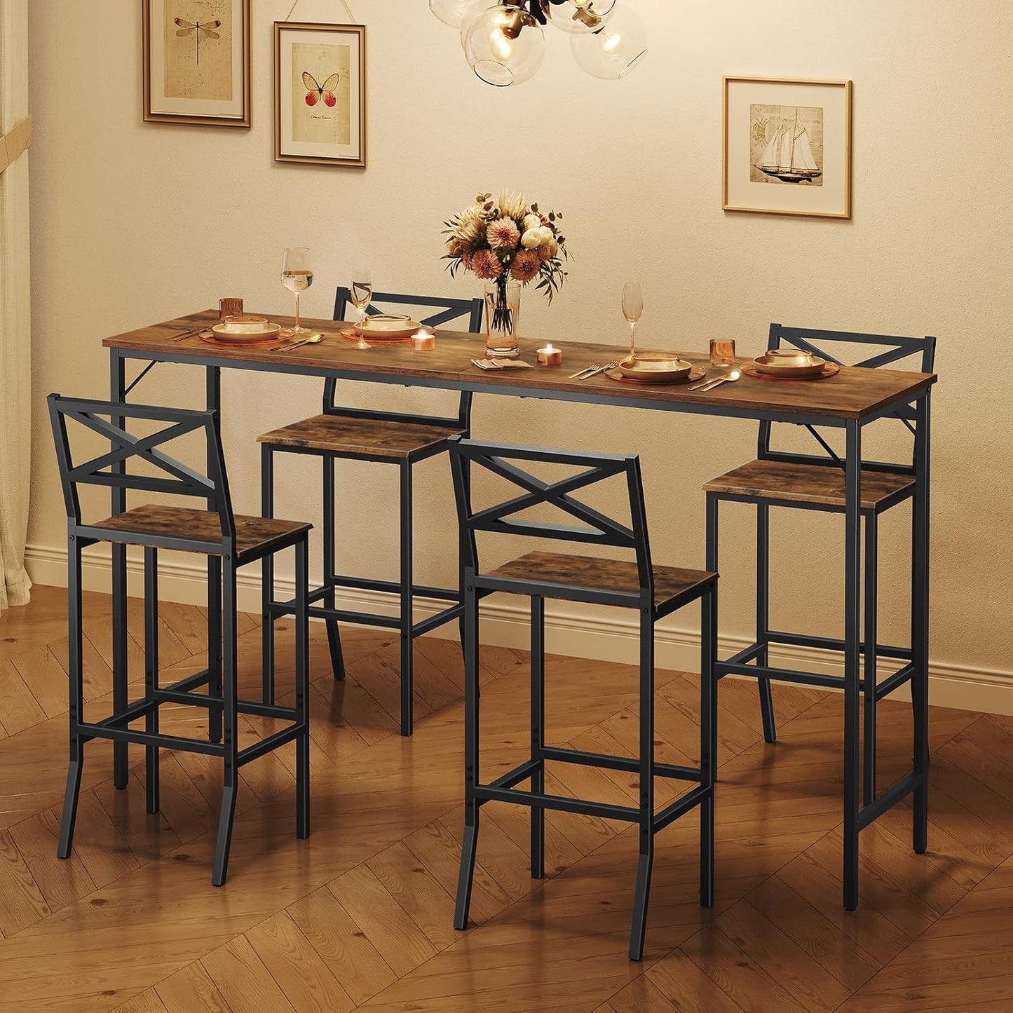 Bar Stools, Set of 2 Bar Chairs with Backrest and Footrest, 26" Tall Counter Bar Stools, Kitchen Breakfast Bar Chairs, Easy Assembly, for Dining Room, Rustic Brown BAHR0901N1