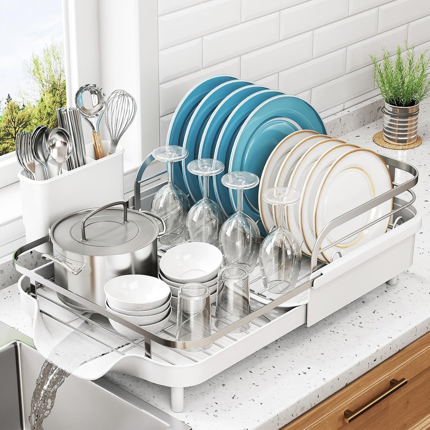 Dish Drying Rack, Expandable Dish Rack for Kitchen Counter, Stainless Steel Dish Drainer with Drainboard Set and Utensil Holder (Black)