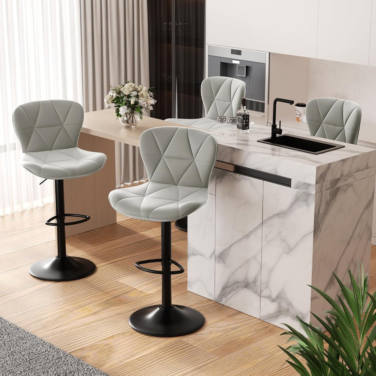 Modern Bar Stools Set of 2, Adjustable Faux Leather Upholstered Swivel Bar Stools, Counter Height Bar Chairs with Back for Kitchen Island, Black