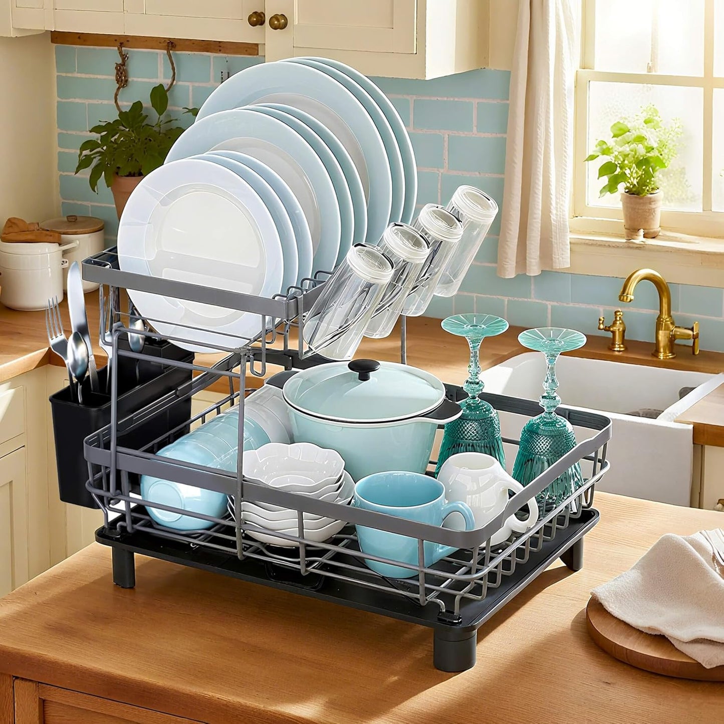 MOUKABAL Dish Drying Rack, Dish Rack, Stainless Steel Dish Racks for Kitchen Counter, Dish Drainer with Removable Utensil Holder, Drainboard (Black)