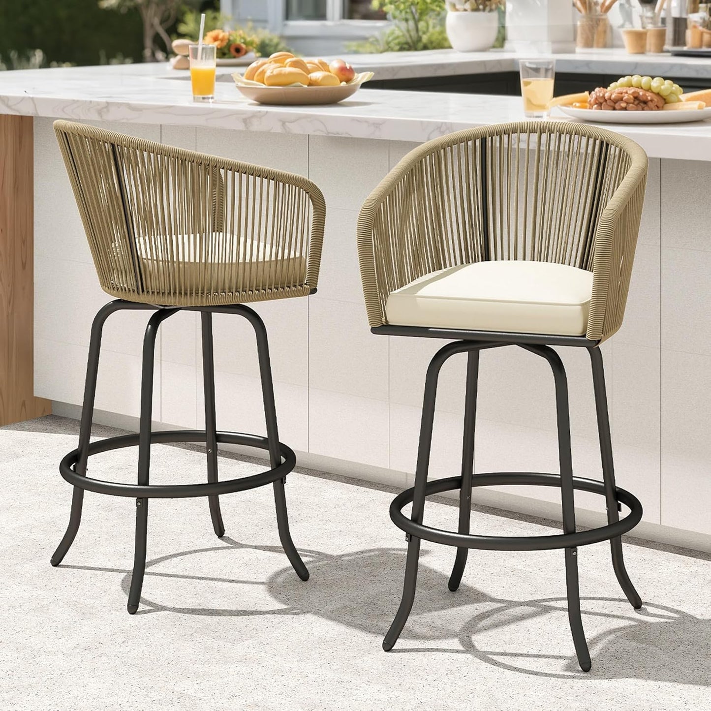 DWVO Outdoor Counter Height Bar Stools Set of 4, Patio Swivel Bar Chairs with Soft Cushions, 360° Rotation, Bar Height Rattan Chairs for Backyard, Poolside, Garden, Gray