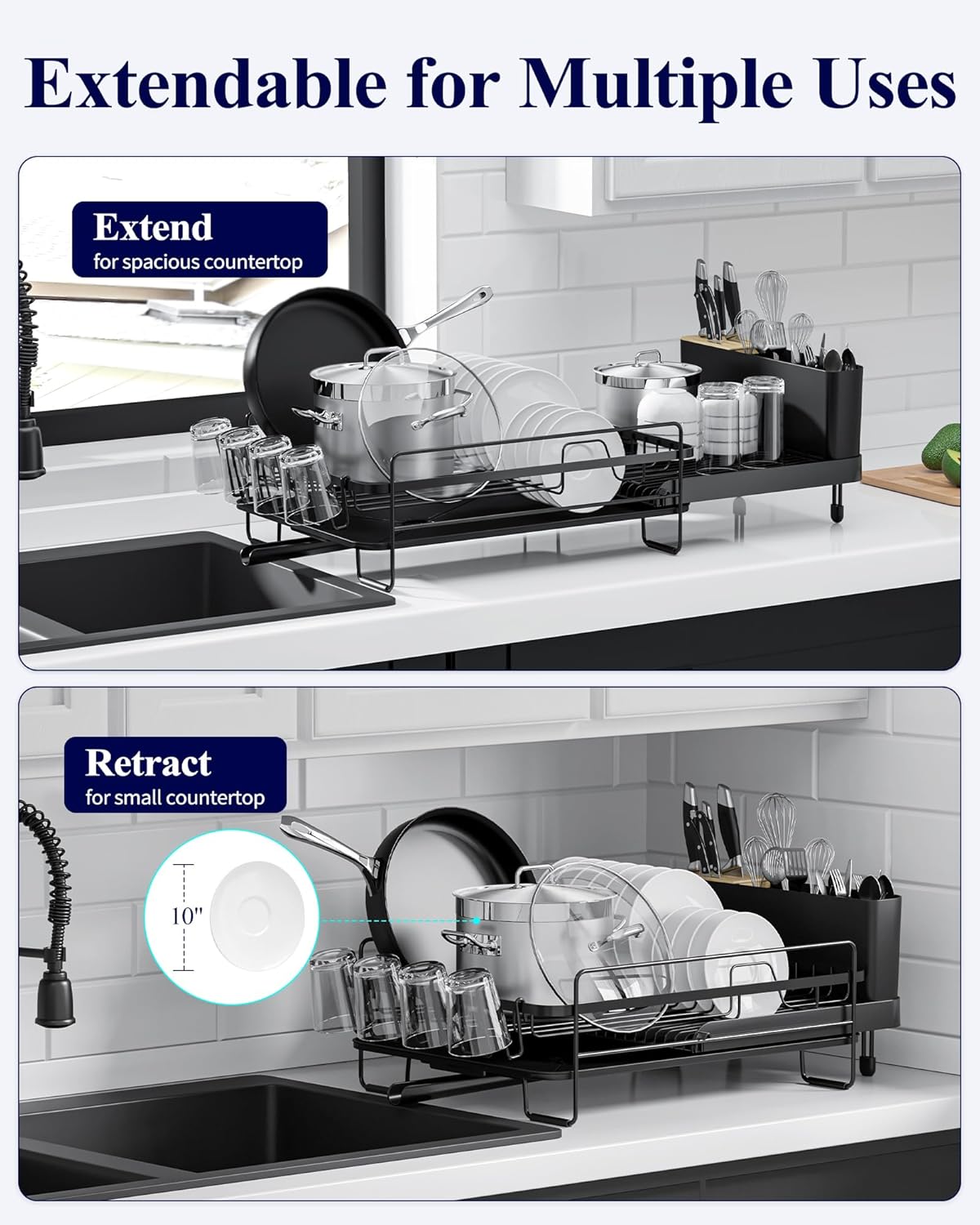 Kitsure Large Dish Drying Rack - Extendable Dish Rack, Multifunctional Dish Rack for Kitchen Counter, Anti-Rust Dish Drainers with Cutlery & Cup Holders 19.2"-26.7" L x 12.9" W, Black