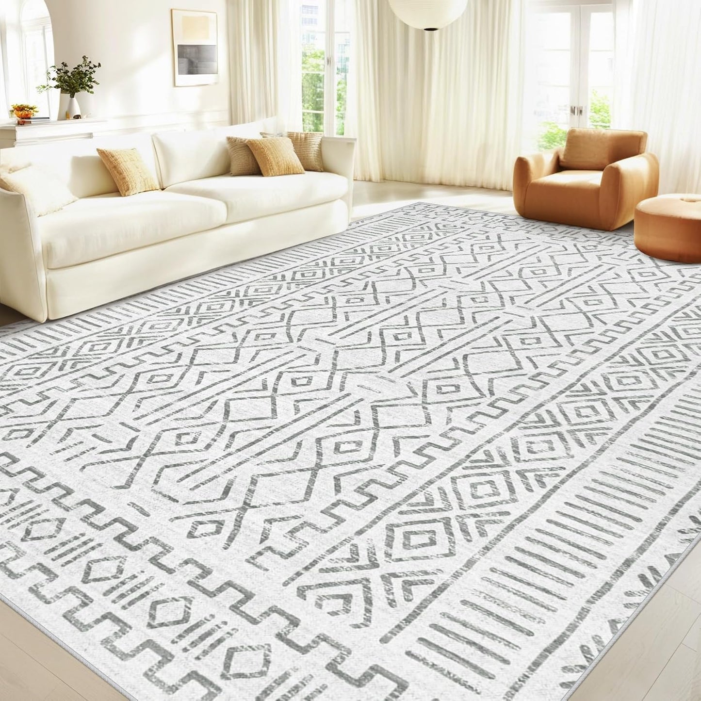 8x10 Area Rug Living Room: Washable Boho Geometric Moroccan Rug Neutral Modern Farmhouse Indoor Soft Non Slip Ultra Thin Large Printed Pattern Carpet for Bedroom Home Office (Beige, 8'x10')