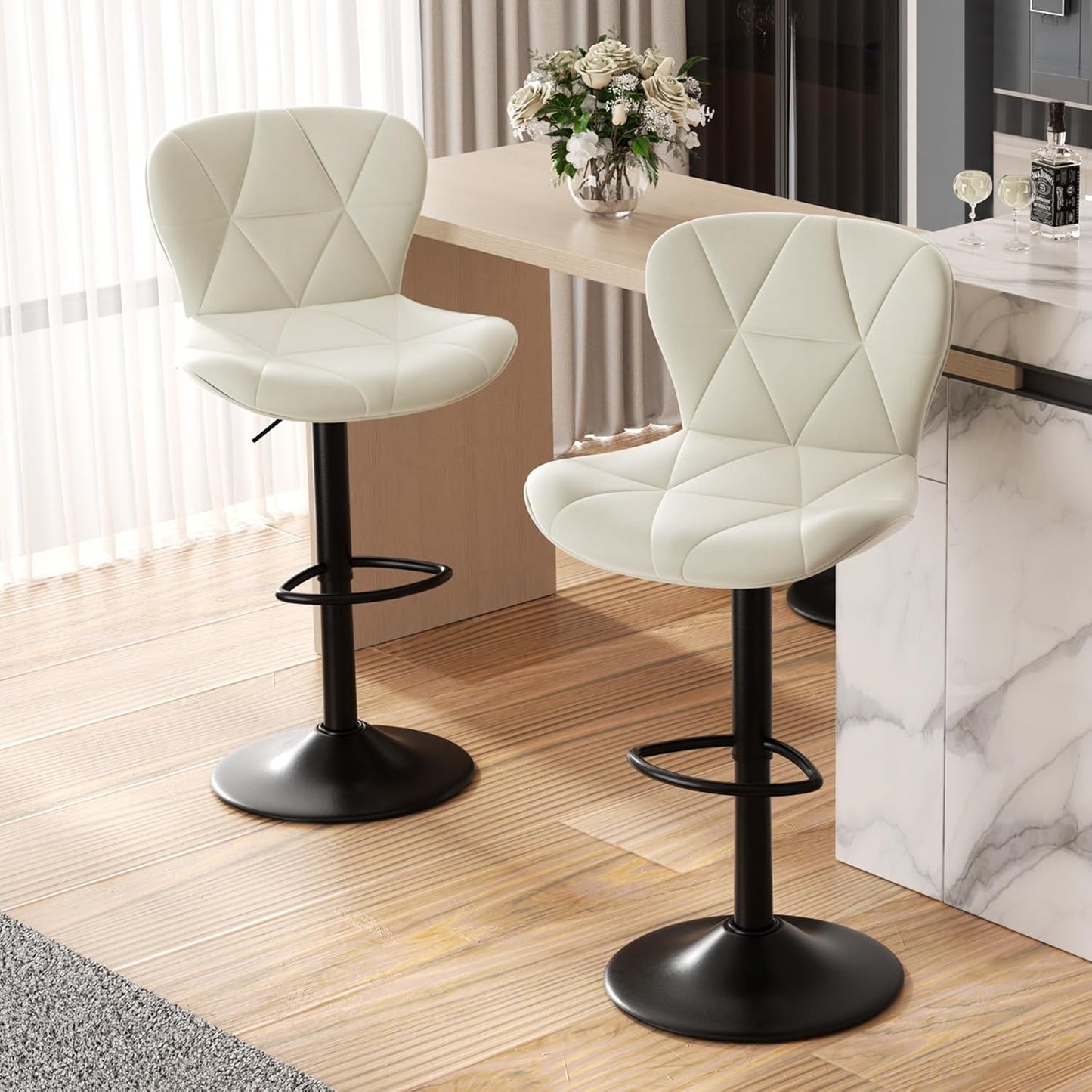 Modern Bar Stools Set of 2, Adjustable Faux Leather Upholstered Swivel Bar Stools, Counter Height Bar Chairs with Back for Kitchen Island, Black