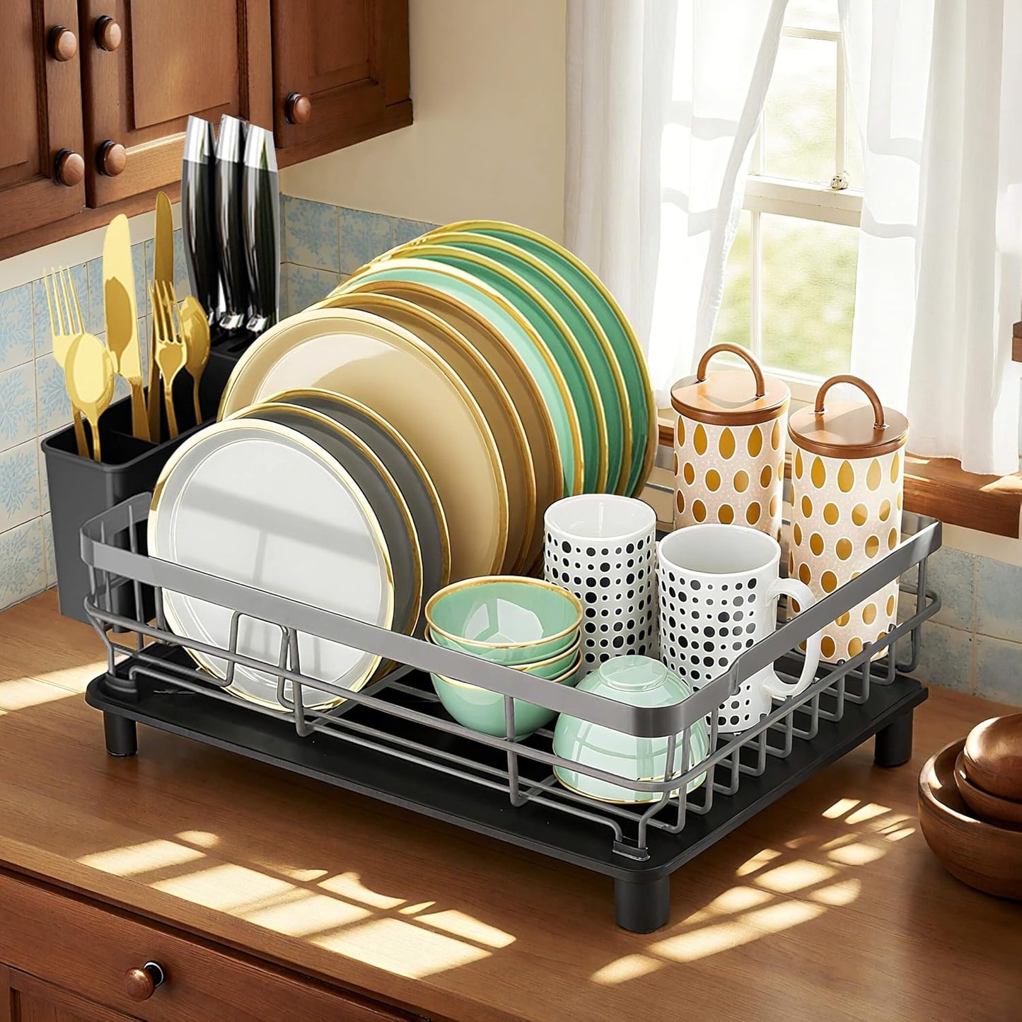 MOUKABAL Dish Drying Rack, Dish Rack, Stainless Steel Dish Racks for Kitchen Counter, Dish Drainer with Removable Utensil Holder, Drainboard (Black)