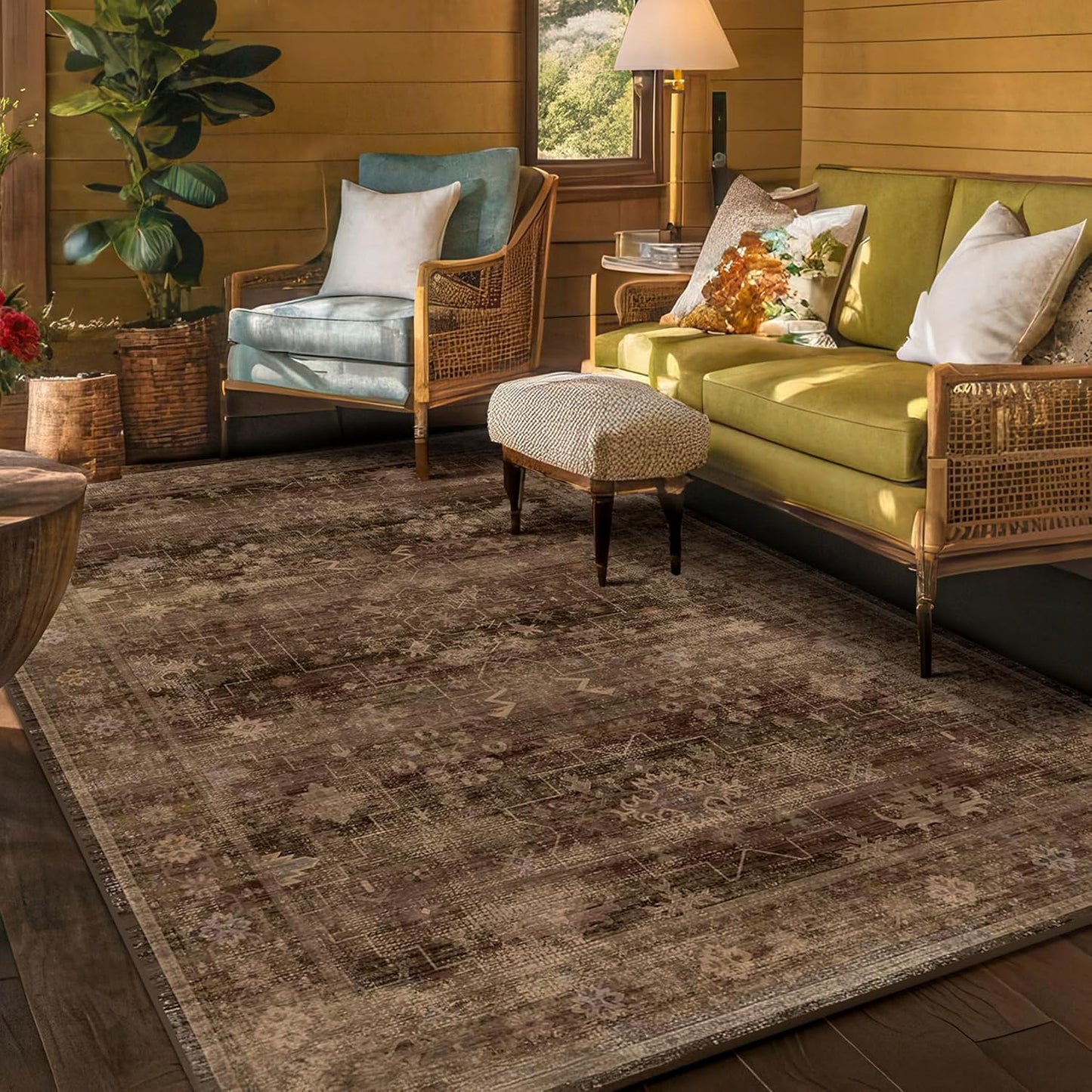 Green Area Rugs 9x12 Living Room - Washable Oriental Geometric, Extra Large for Bedroom Non Slip Soft Faux Wool Carpet for Dining Room Playroom, Lounge - Blue and Green Floral Rug