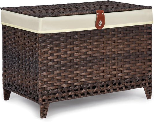 Wicker Storage Basket with Lid,Rattan Shelf Basket with Removable Liner Bag,160L Storage Bin,Storage Trunk with Heightened Feet,Storage Container for Wardrobe,Home Organizer