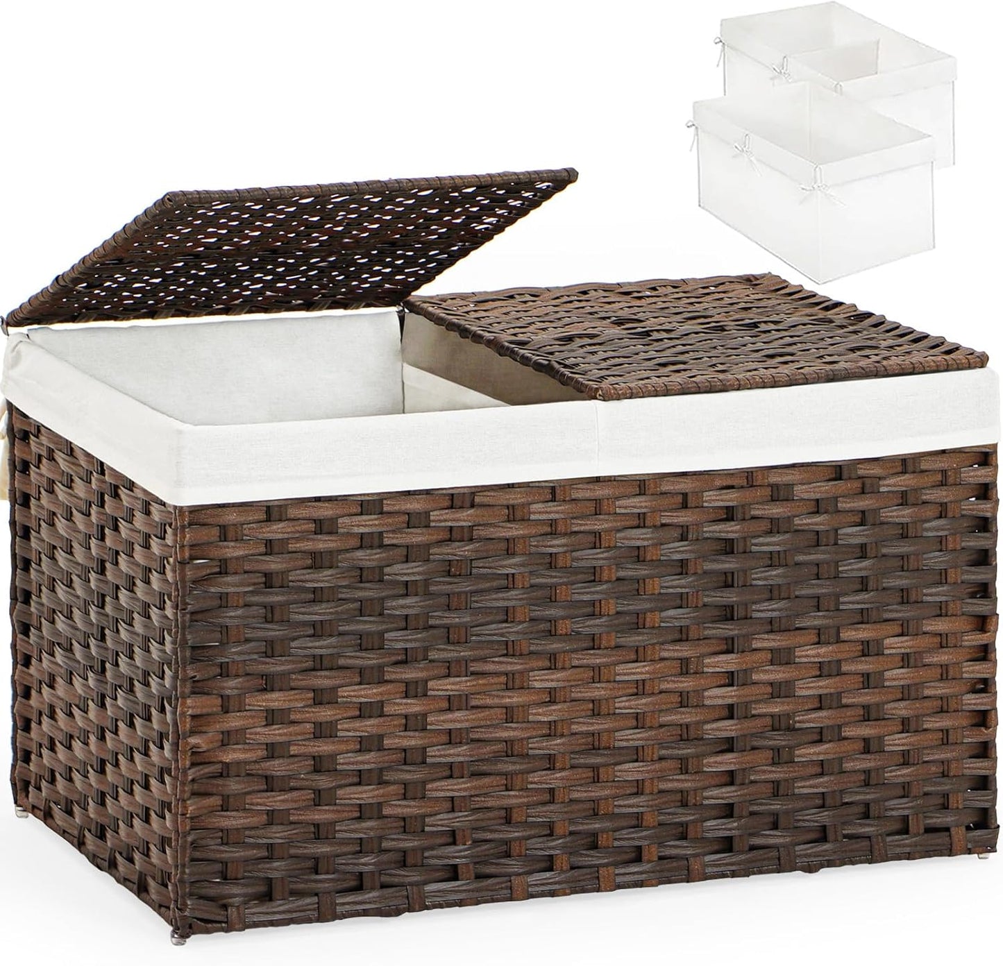 Storage Basket with Lid Rattan Storage Basket with 2 Separate Lid, 27.8 Gallon (105 L) 25.2 * 15.4 * 16.1 Inches Woven Wicker Baskets with 2 Liners and Handles for Bedroom Laundry-Natural