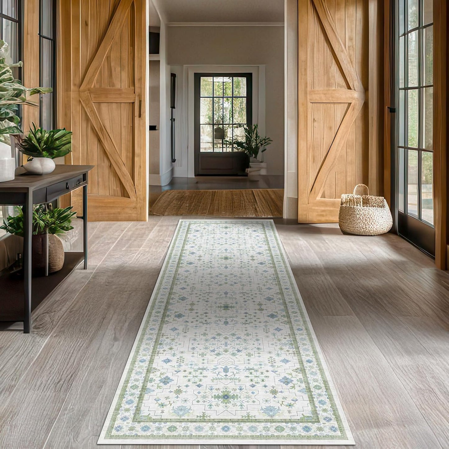 Green Area Rugs 9x12 Living Room - Washable Oriental Geometric, Extra Large for Bedroom Non Slip Soft Faux Wool Carpet for Dining Room Playroom, Lounge - Blue and Green Floral Rug