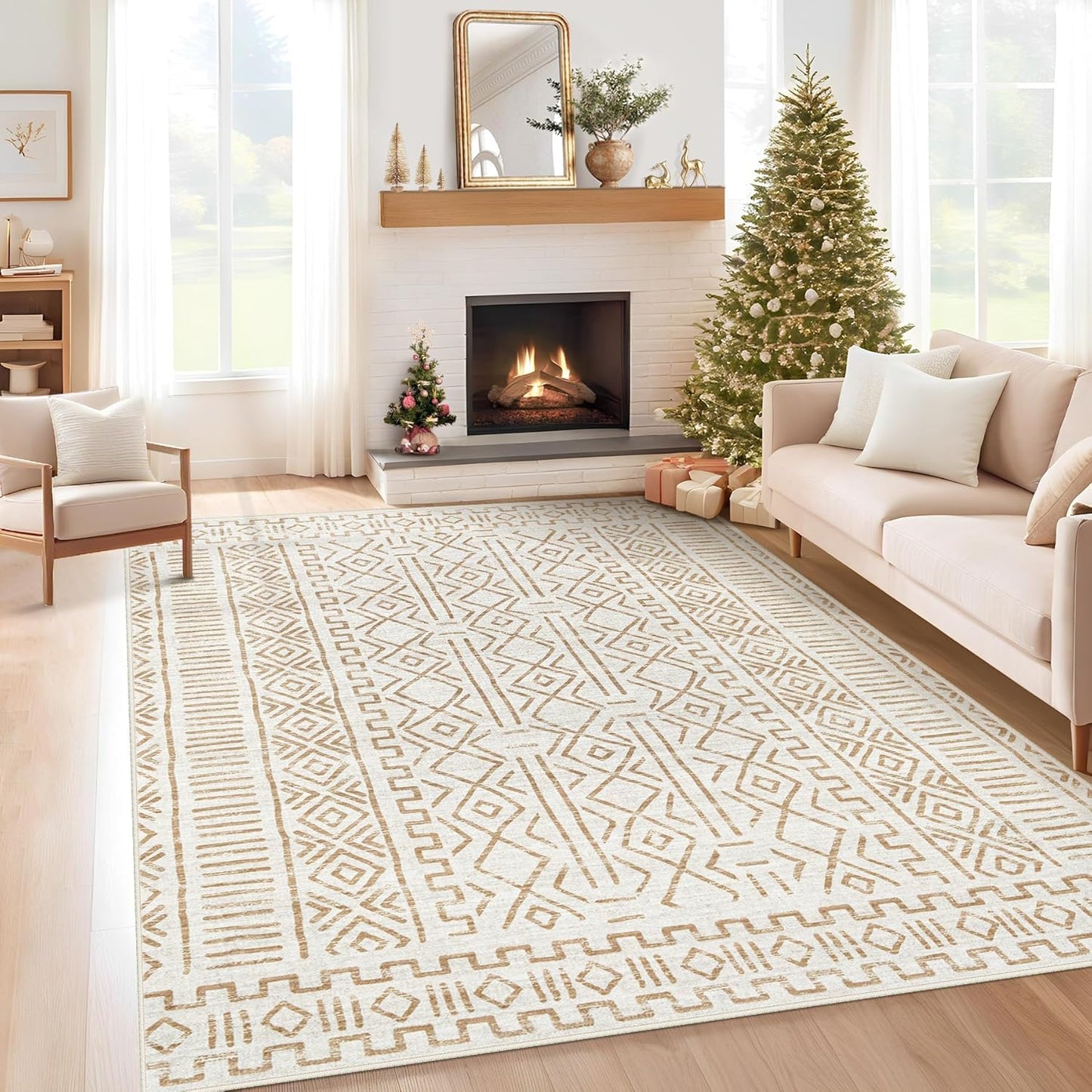 8x10 Area Rug Living Room: Washable Boho Geometric Moroccan Rug Neutral Modern Farmhouse Indoor Soft Non Slip Ultra Thin Large Printed Pattern Carpet for Bedroom Home Office (Beige, 8'x10')