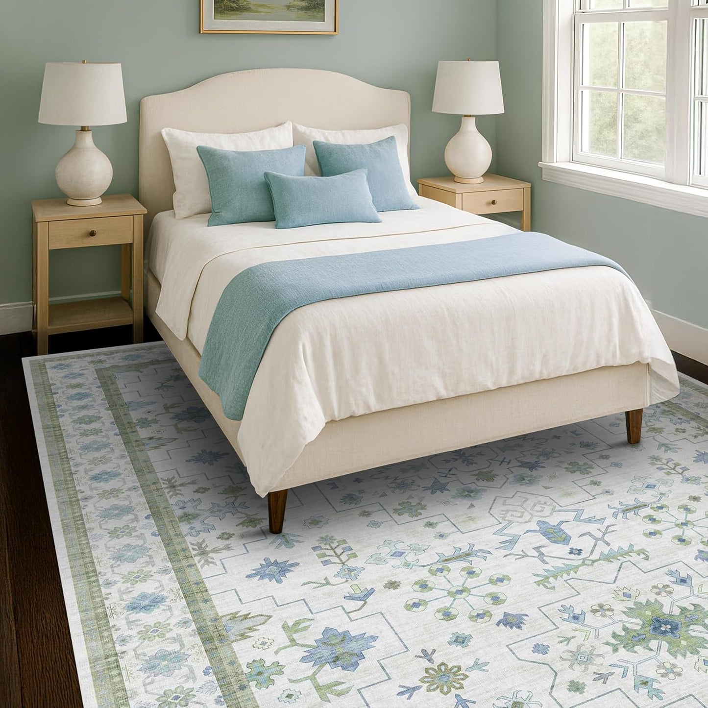 Green Area Rugs 9x12 Living Room - Washable Oriental Geometric, Extra Large for Bedroom Non Slip Soft Faux Wool Carpet for Dining Room Playroom, Lounge - Blue and Green Floral Rug