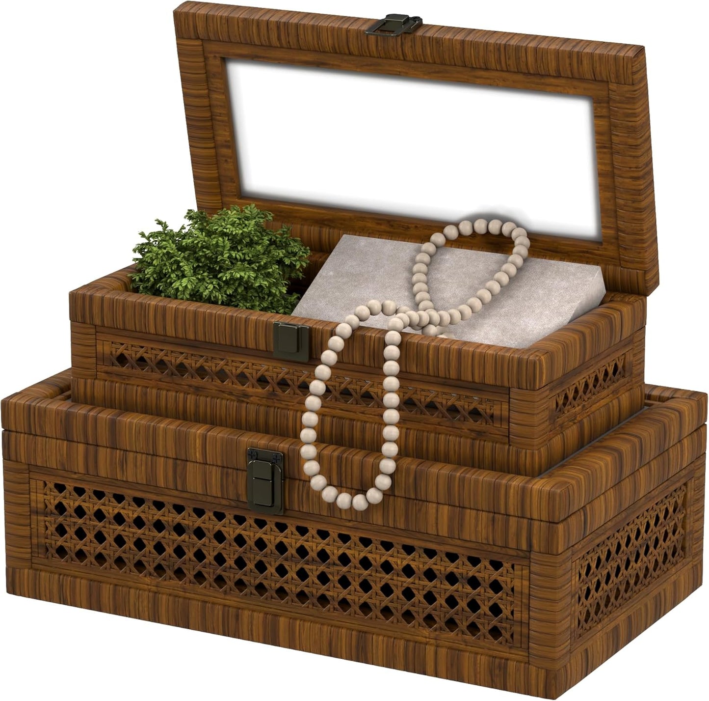 Rattan Decorative Box,Boho Display Boxes with Lids,Set of 2 Rectangular Wicker Storage Decoration,Natural Woven Cane Bins for Home Decor for Rustic Farmhouse(Yellow and Black)