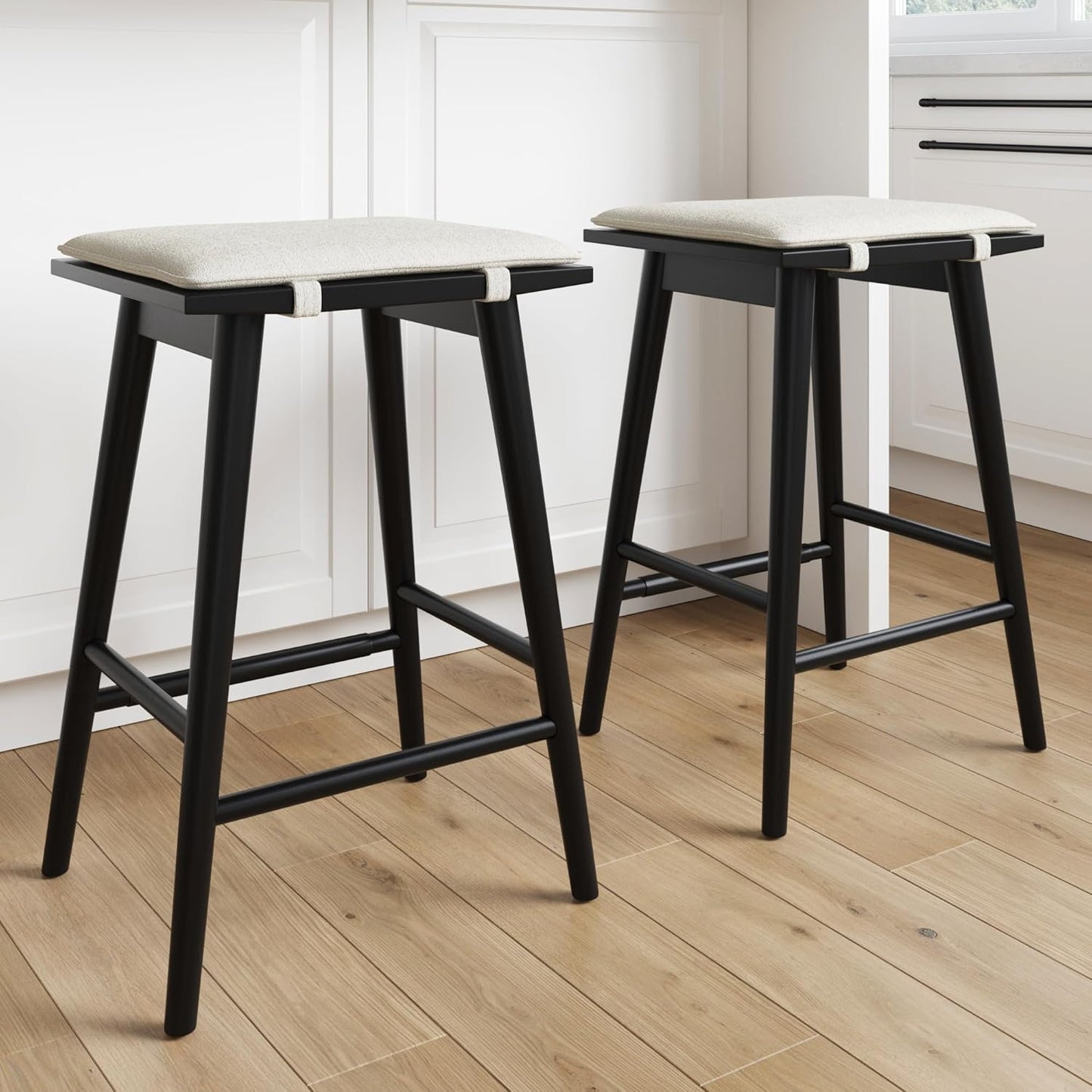 Nathan James Barker Classic Counter Height Wood Barstool with Leather Removable Cushion, Backless Island 24" Bar Stool for Kitchen, Chestnut Brown