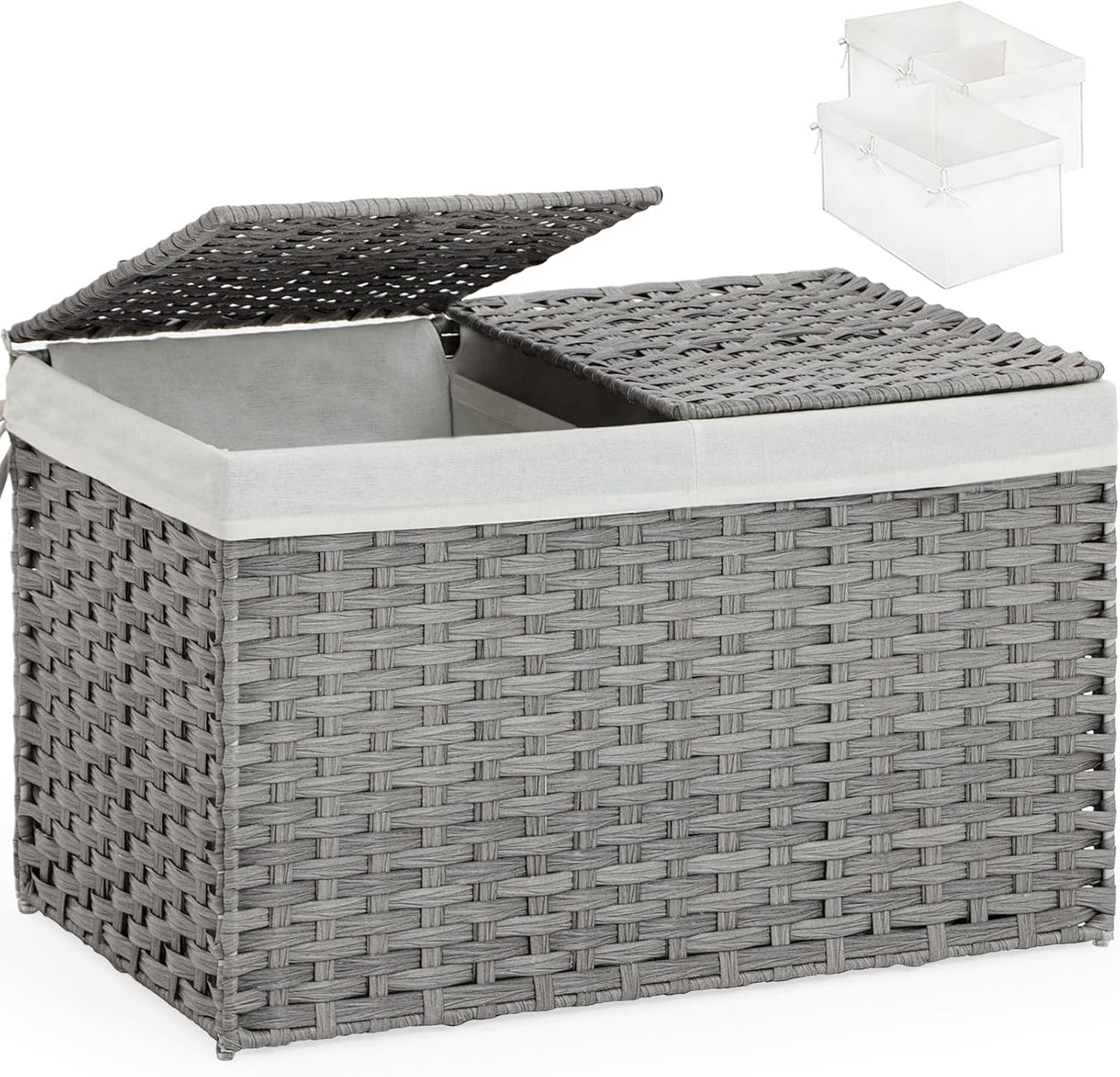 Storage Basket with Lid Rattan Storage Basket with 2 Separate Lid, 27.8 Gallon (105 L) 25.2 * 15.4 * 16.1 Inches Woven Wicker Baskets with 2 Liners and Handles for Bedroom Laundry-Natural
