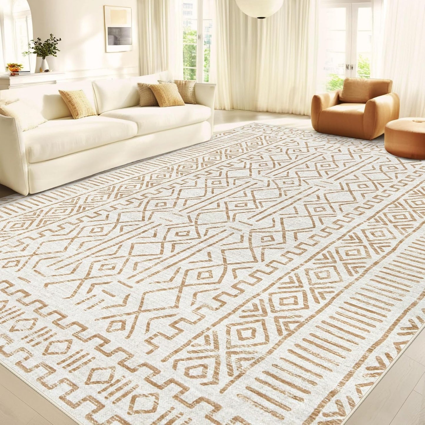 8x10 Area Rug Living Room: Washable Boho Geometric Moroccan Rug Neutral Modern Farmhouse Indoor Soft Non Slip Ultra Thin Large Printed Pattern Carpet for Bedroom Home Office (Beige, 8'x10')