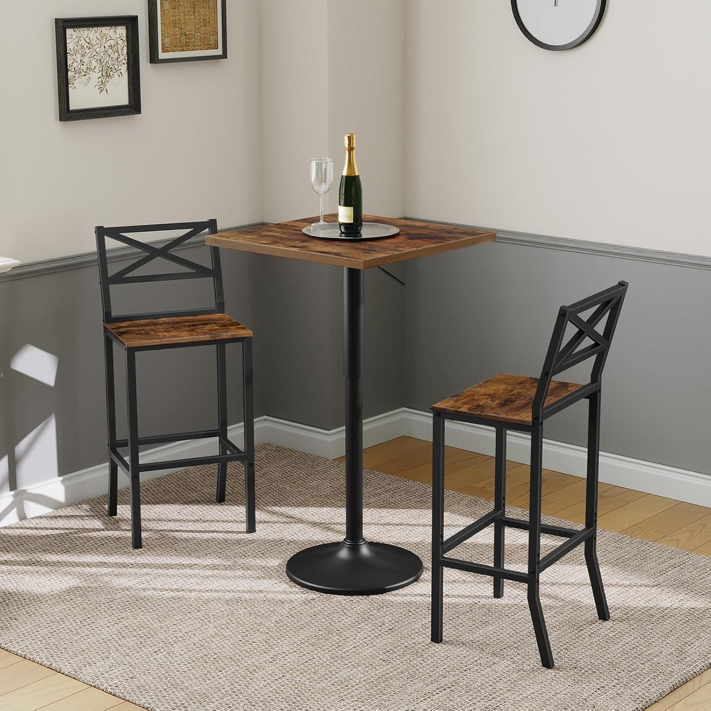Bar Stools, Set of 2 Bar Chairs with Backrest and Footrest, 26" Tall Counter Bar Stools, Kitchen Breakfast Bar Chairs, Easy Assembly, for Dining Room, Rustic Brown BAHR0901N1