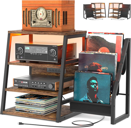 AV Media Stand with Outlets, Stereo Stands and Racks with Vinyl Storage, Stereo Stand with Record Storage, Audio Stereo Rack Cabinet, Turntable Console Stand with LED Lights, 4 Tiers, Rustic Brown