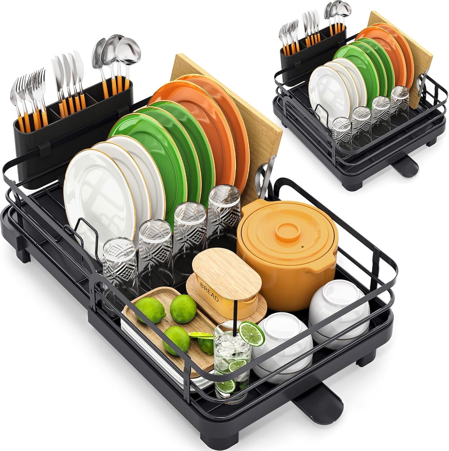 TOOLF Expandable Dish Rack, Dish Drying Rack for Kitchen Counter, Foldable Dish Dryer Rack, Stainless Steel Dish Drainer Racks with Cutlery Holder, Collapsible Dish Drying Racks Large Size,Black