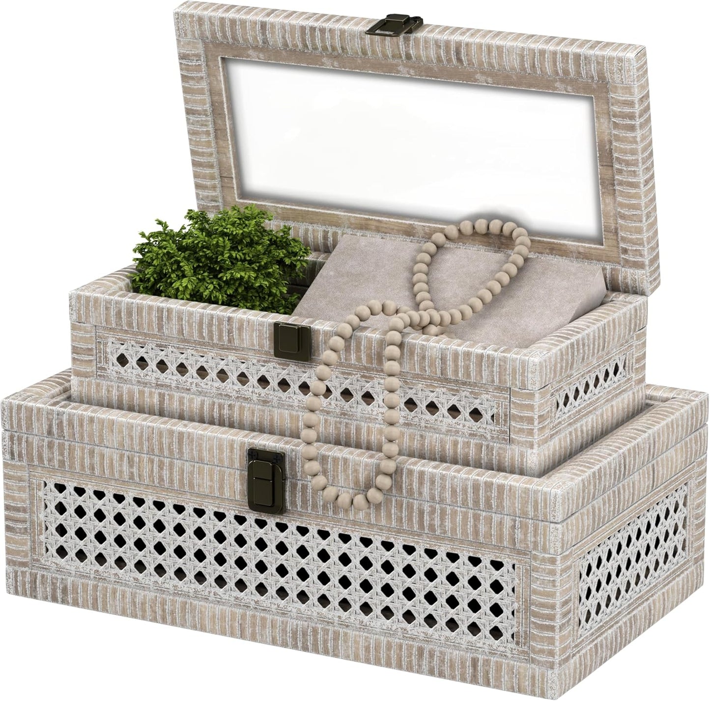 Rattan Decorative Box,Boho Display Boxes with Lids,Set of 2 Rectangular Wicker Storage Decoration,Natural Woven Cane Bins for Home Decor for Rustic Farmhouse(Yellow and Black)