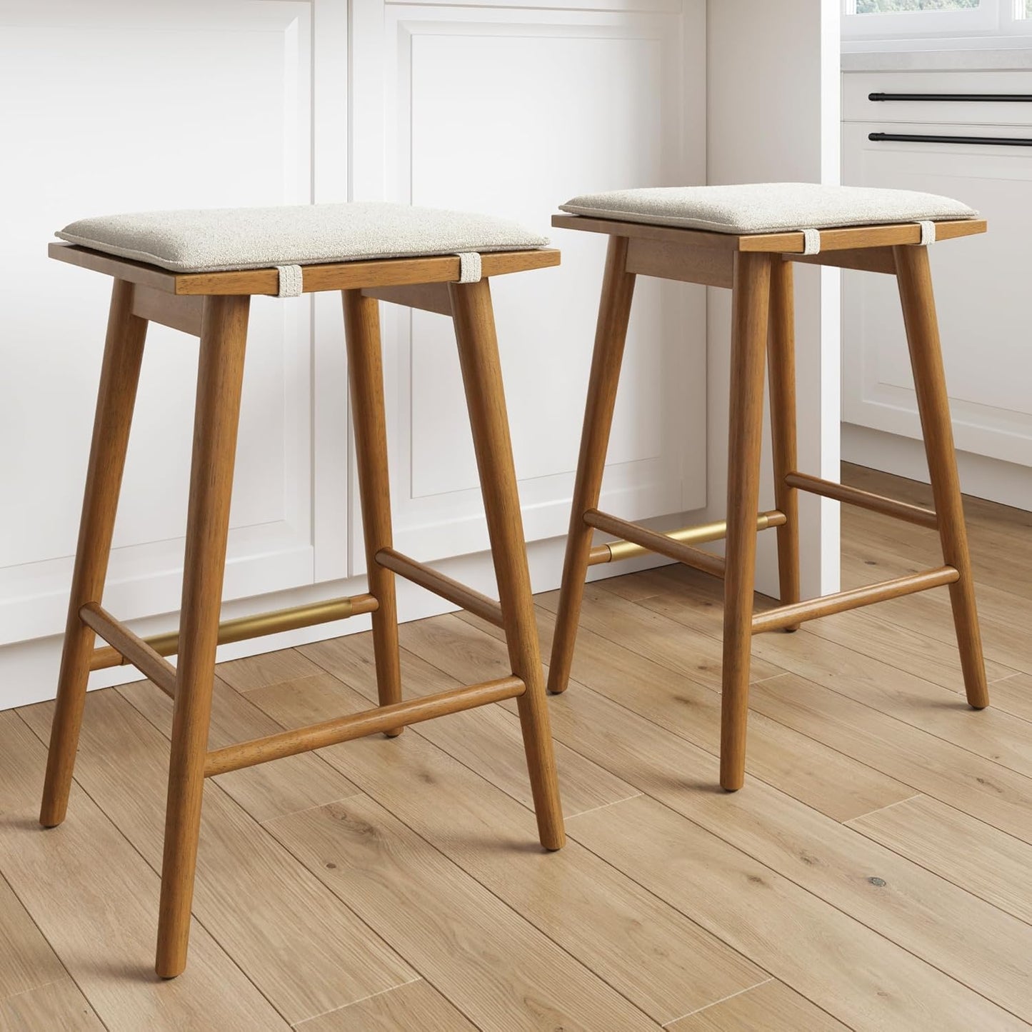 Nathan James Barker Classic Counter Height Wood Barstool with Leather Removable Cushion, Backless Island 24" Bar Stool for Kitchen, Chestnut Brown