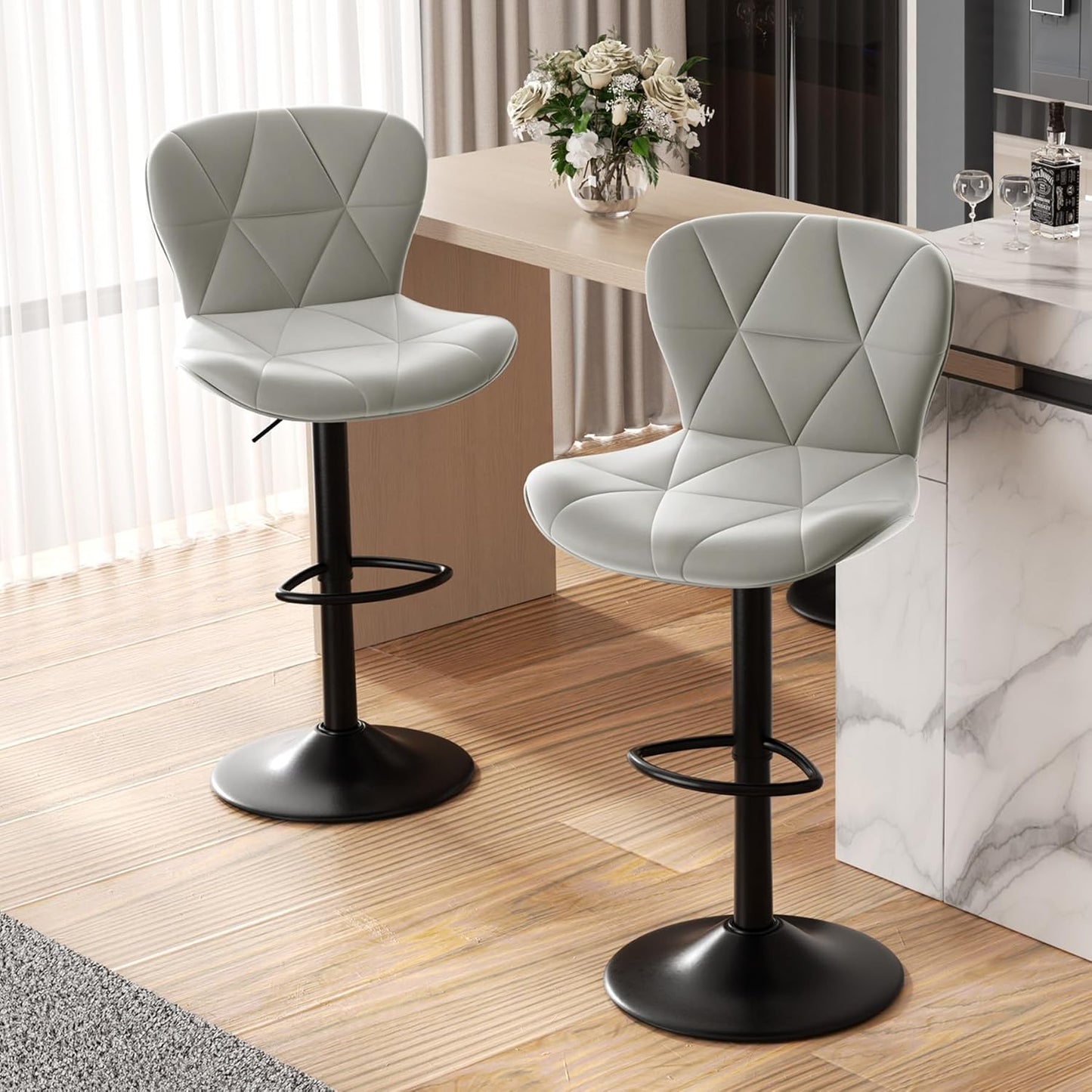 Modern Bar Stools Set of 2, Adjustable Faux Leather Upholstered Swivel Bar Stools, Counter Height Bar Chairs with Back for Kitchen Island, Black