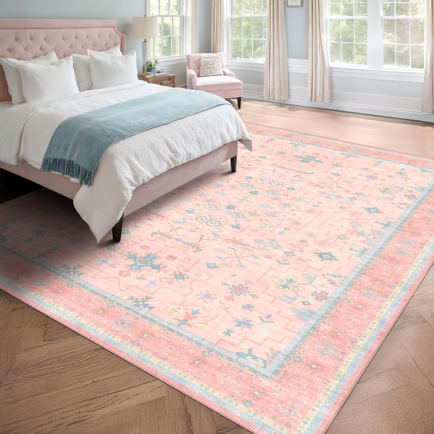 Green Area Rugs 9x12 Living Room - Washable Oriental Geometric, Extra Large for Bedroom Non Slip Soft Faux Wool Carpet for Dining Room Playroom, Lounge - Blue and Green Floral Rug
