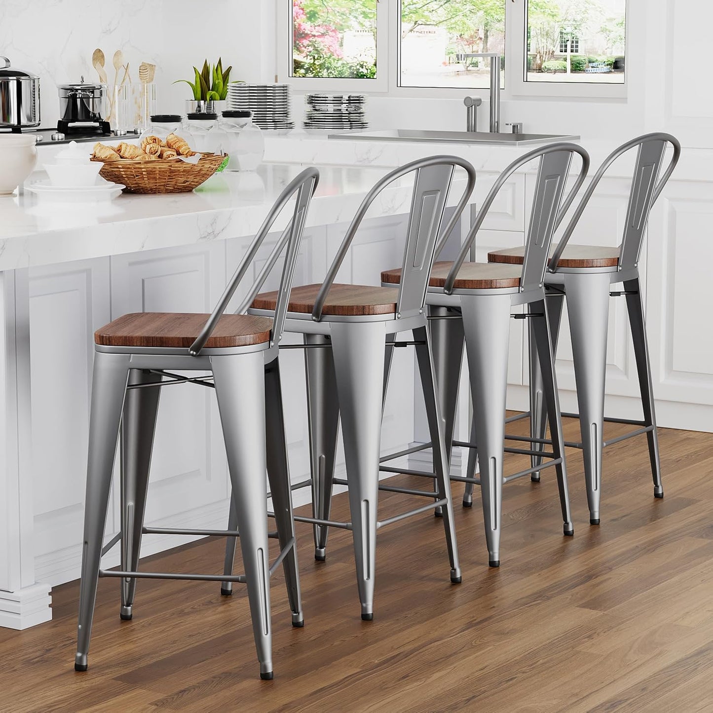 Yongqiang Barstools Set of 4 Counter Height Bar Stools for Kitchen Island Farmhouse Metal High Back Bar Chairs Wooden Seat 24" Matte Black