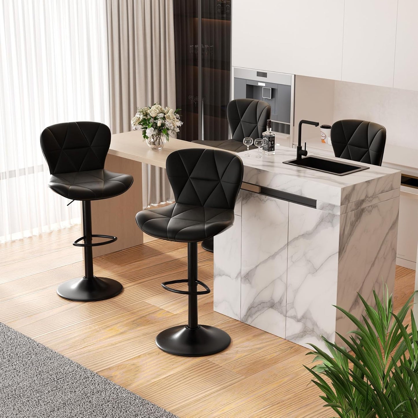Modern Bar Stools Set of 2, Adjustable Faux Leather Upholstered Swivel Bar Stools, Counter Height Bar Chairs with Back for Kitchen Island, Black