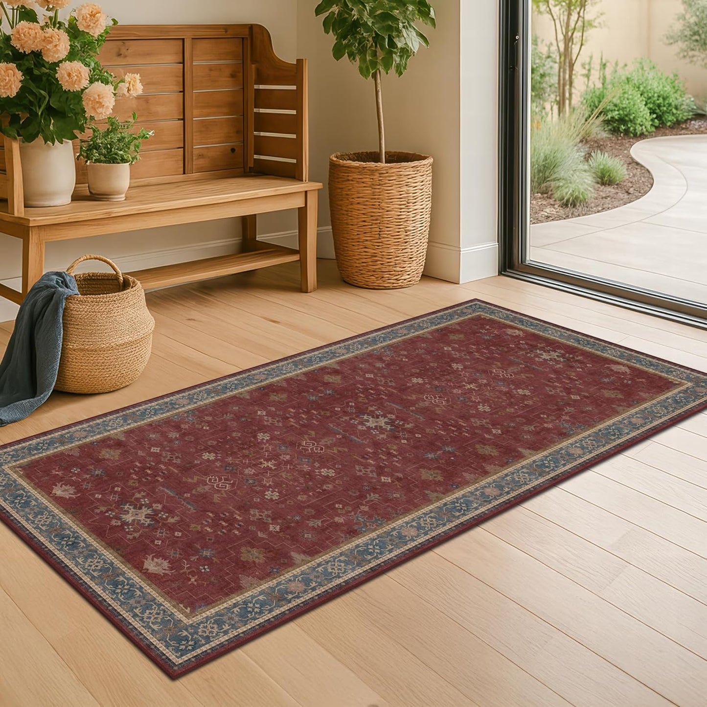 Green Area Rugs 9x12 Living Room - Washable Oriental Geometric, Extra Large for Bedroom Non Slip Soft Faux Wool Carpet for Dining Room Playroom, Lounge - Blue and Green Floral Rug