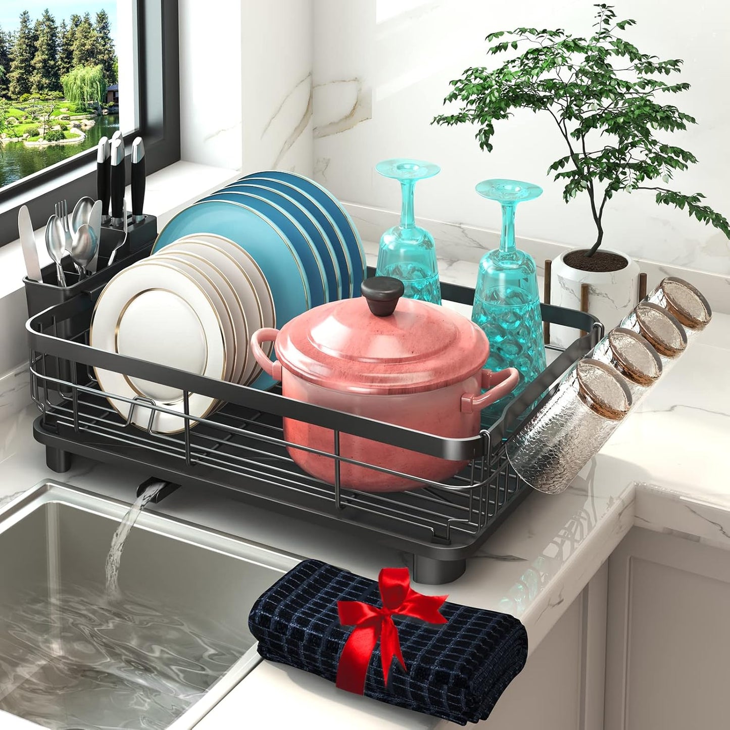 Godboat Dish Drying Rack, 2-Tier Dish Rack with Auto-Drain & Mat, Dish Racks for Kitchen Counter, Dish Drainer with Knife, Fork & Cup Rack, Gifts for Women, Mothers Day, Cool Stuff & Kitchen Gadgets