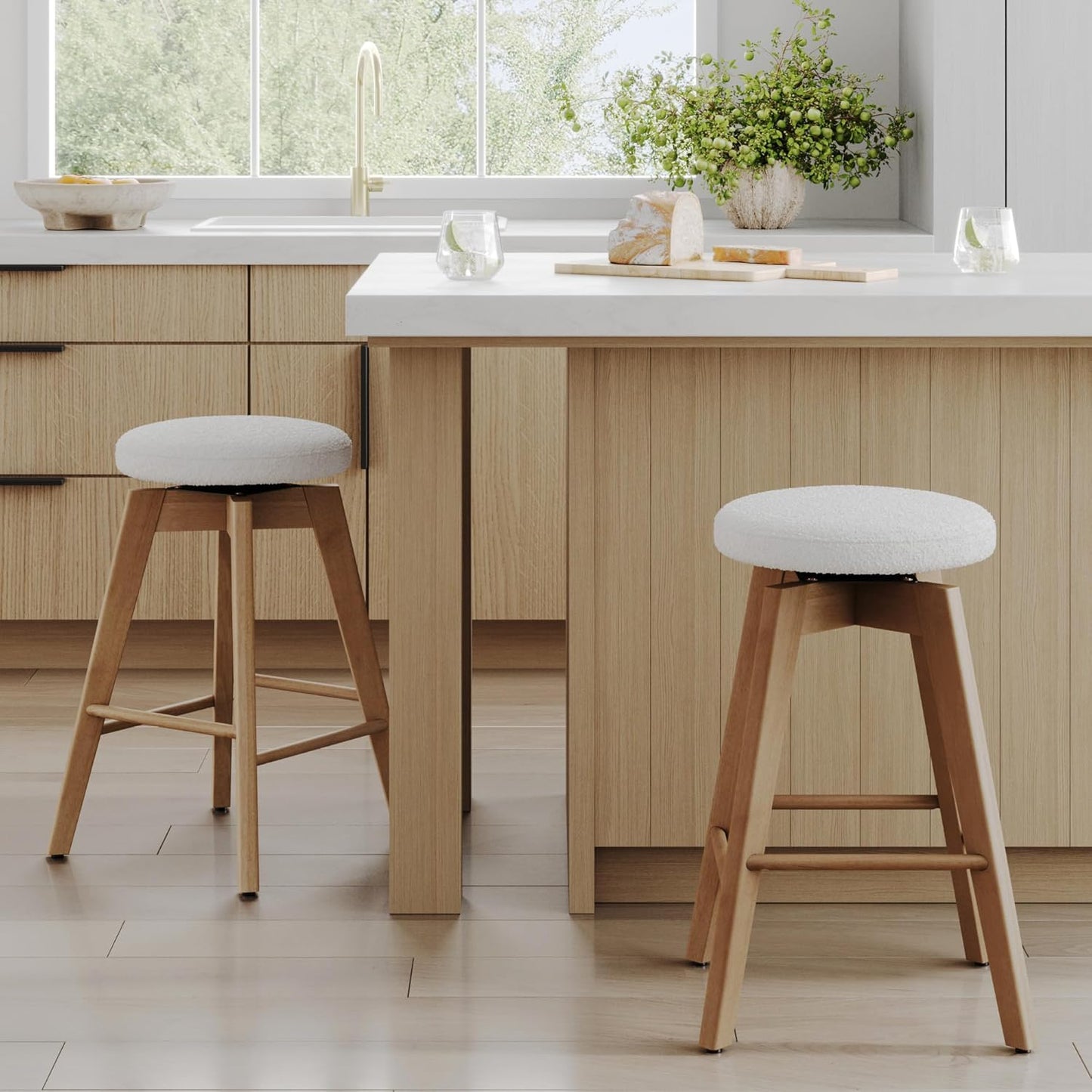 Nathan James Barker Classic Counter Height Wood Barstool with Leather Removable Cushion, Backless Island 24" Bar Stool for Kitchen, Chestnut Brown