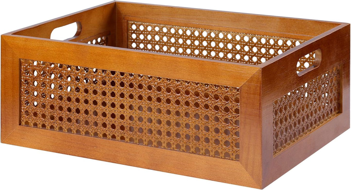 Wooden Storage Basket Set of 4 Handmade Rattan Drawer Storage Box with Frame & Handles Decorative Natural Bamboo Woven Bins Rustic Farmhouse Decor Home Office Tabletop Shelf Organizer