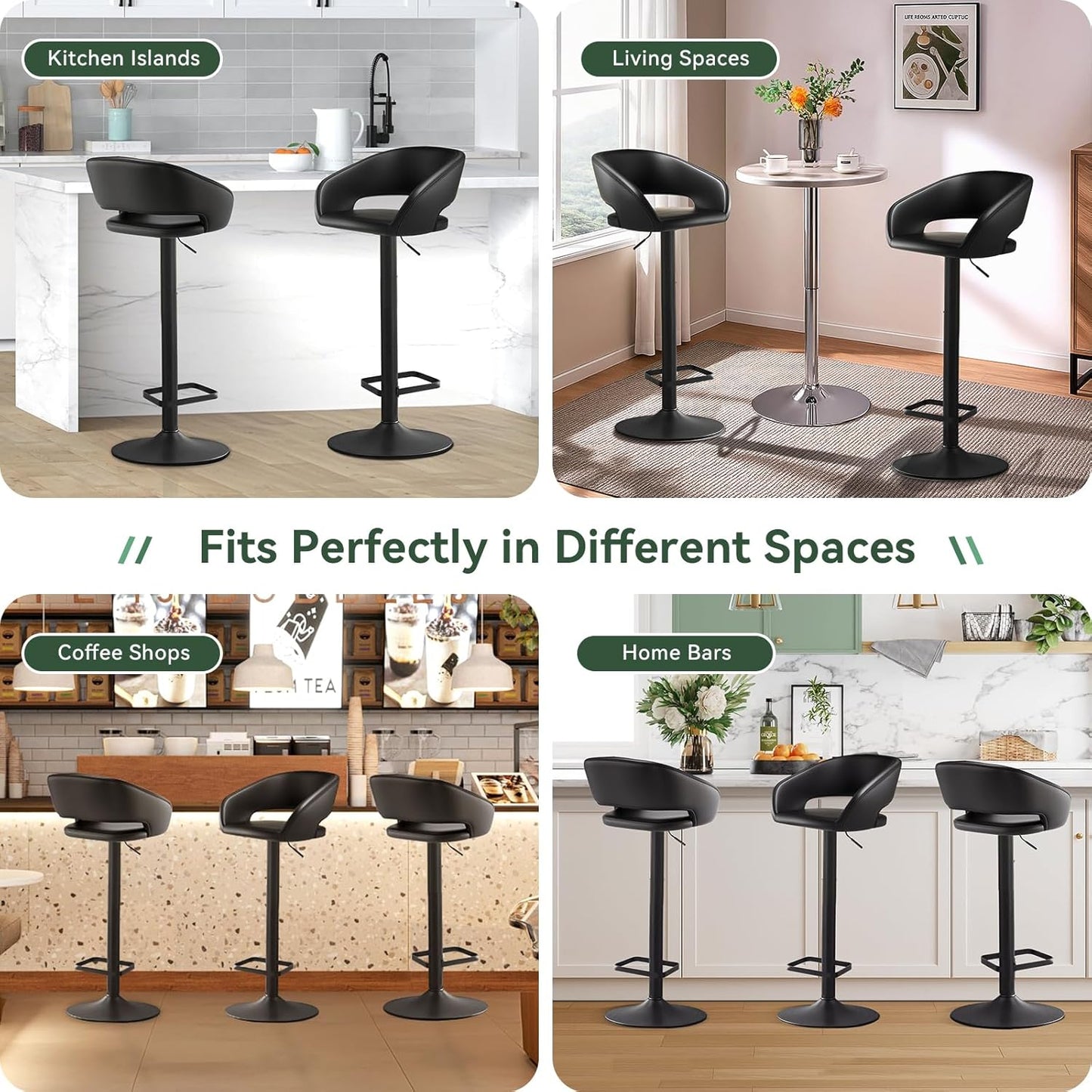 Adjustable Swivel Bar Stool with Arms, Hollow Back & Footrest, Modern PU Leather Counter Height Stools, Gas Lift Bar Chair for Kitchen Island, Home Bar, Dining Room (Black, Black Base)