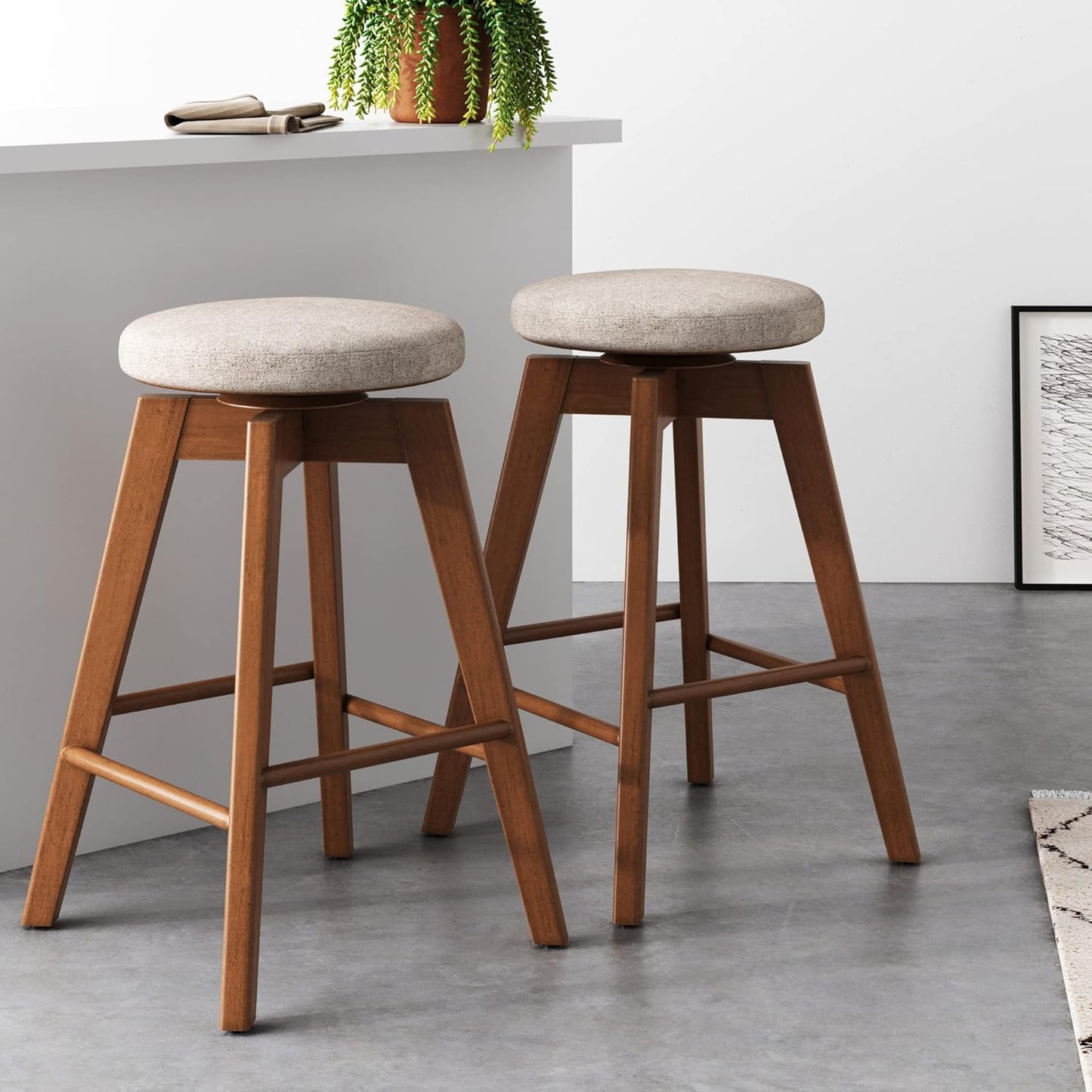 Nathan James Barker Classic Counter Height Wood Barstool with Leather Removable Cushion, Backless Island 24" Bar Stool for Kitchen, Chestnut Brown