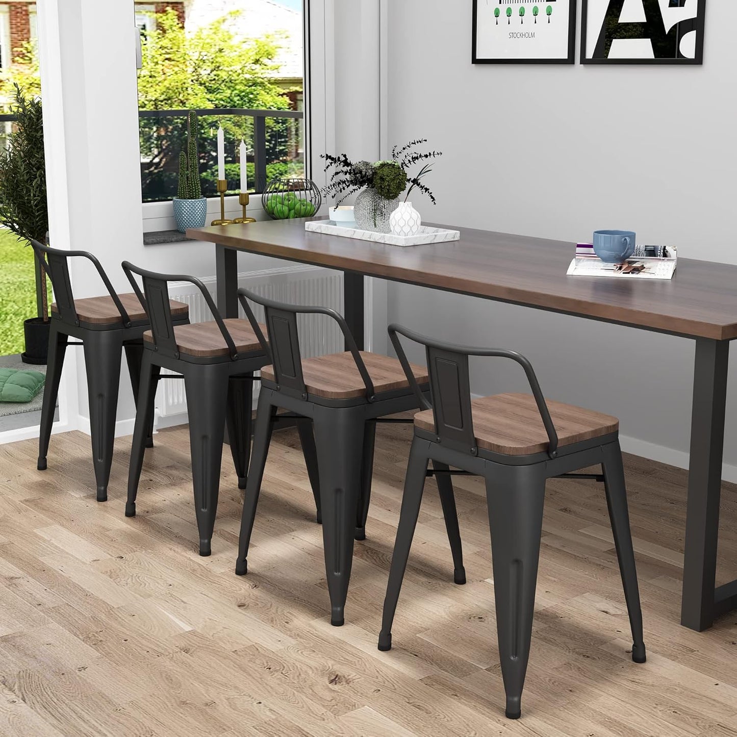 Yongchuang 30 inch Bar Stools Set of 4 Bar Height Metal Barstools with Wood Seat Low Back Kitchen Bar Chairs Matte Black