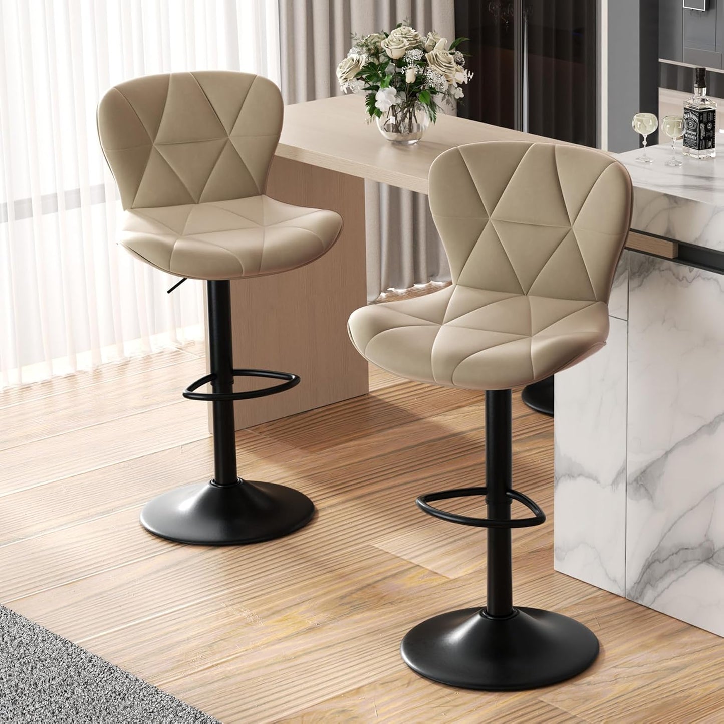 Modern Bar Stools Set of 2, Adjustable Faux Leather Upholstered Swivel Bar Stools, Counter Height Bar Chairs with Back for Kitchen Island, Black