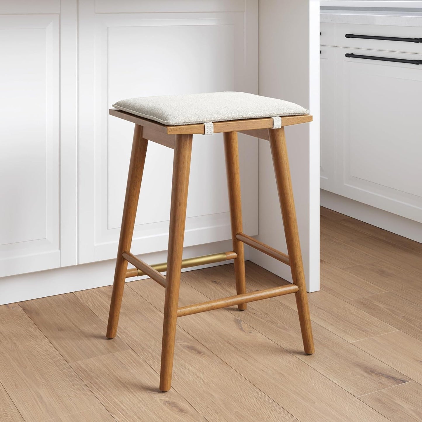 Nathan James Barker Classic Counter Height Wood Barstool with Leather Removable Cushion, Backless Island 24" Bar Stool for Kitchen, Chestnut Brown